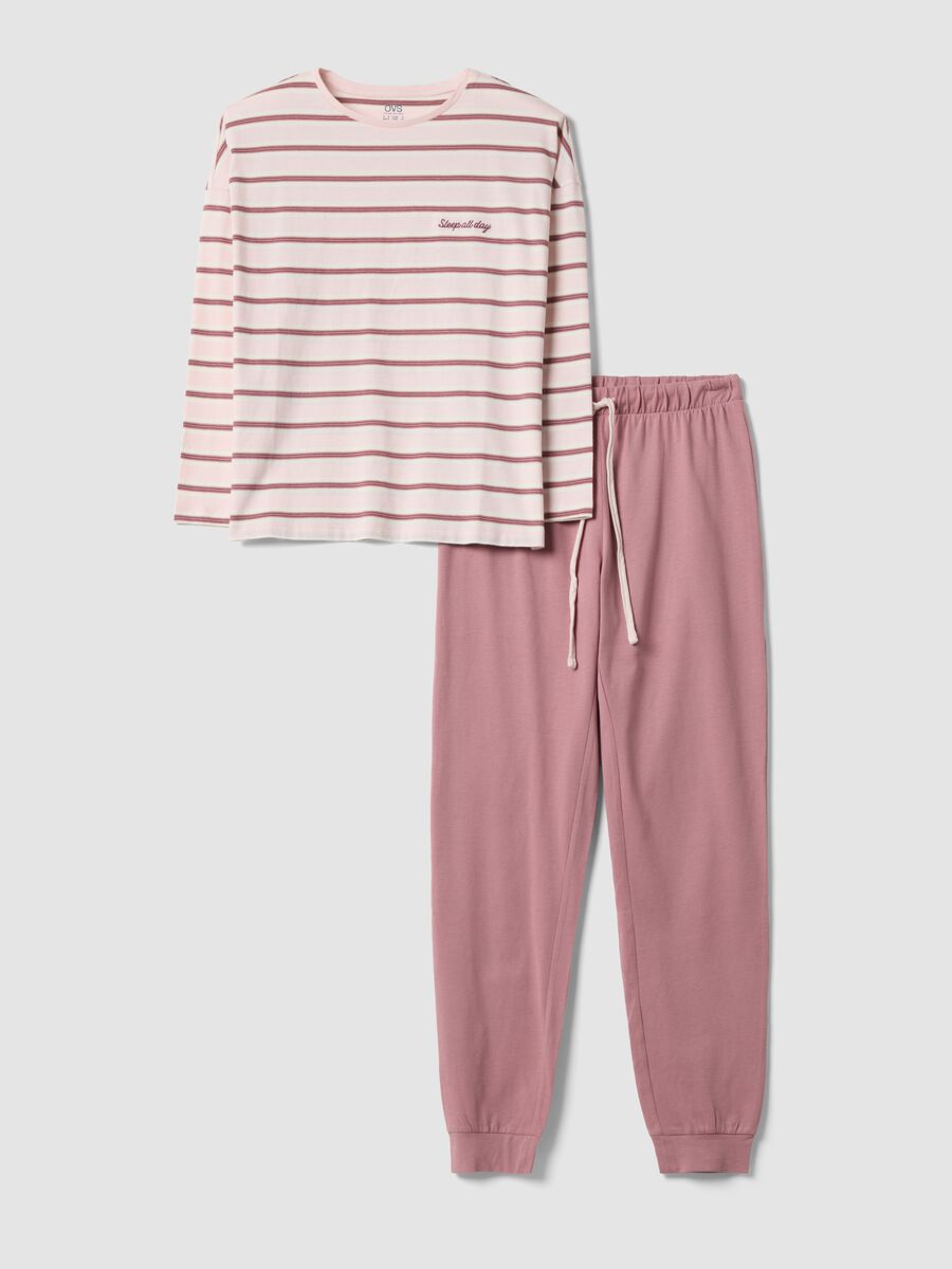 Pink pure organic cotton striped crew-neck pyjamas_0