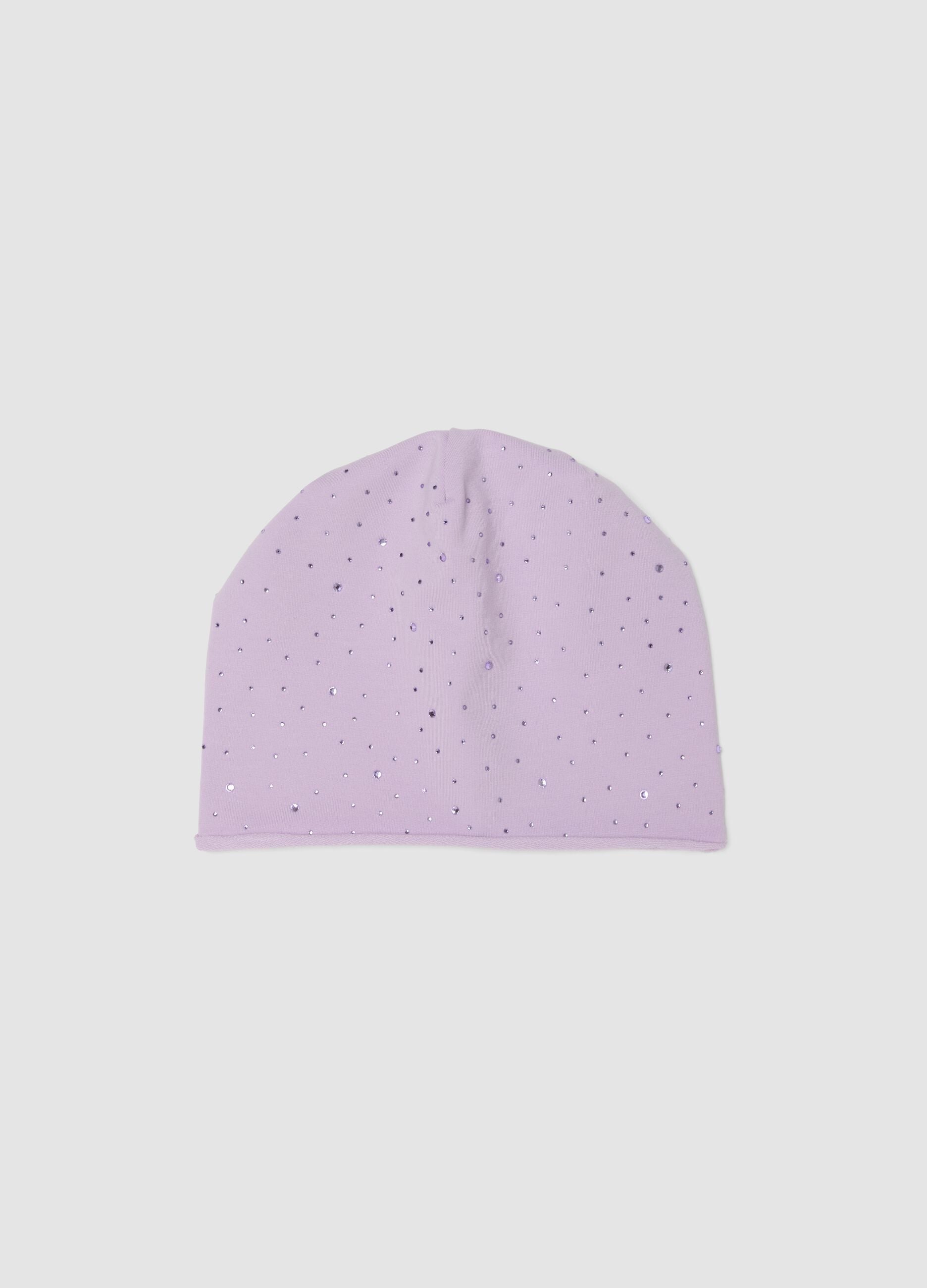 Purple stretch cotton hat with rhinestones for girls