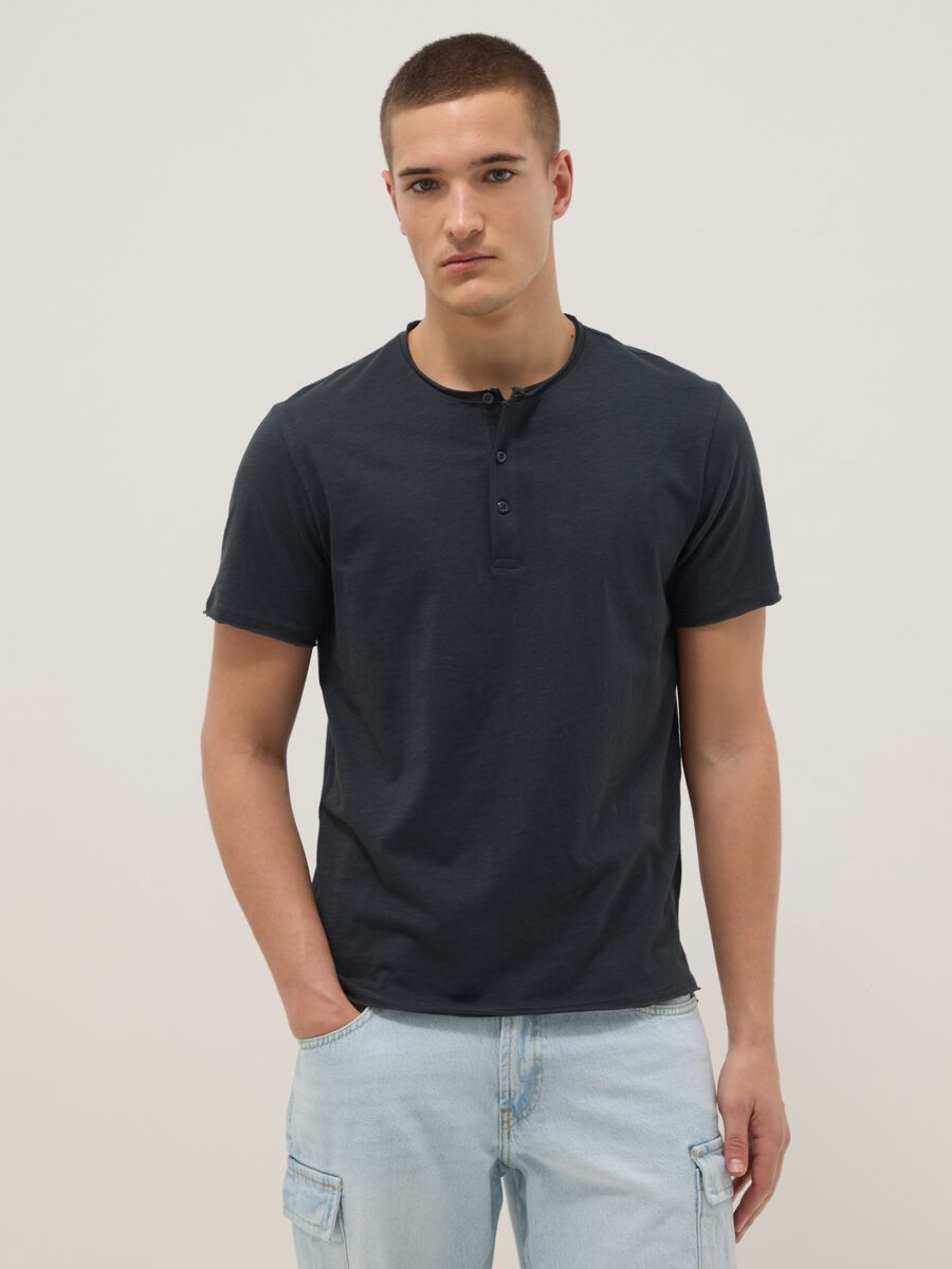 Black regular fit pure cotton T-shirt with henley collar_1