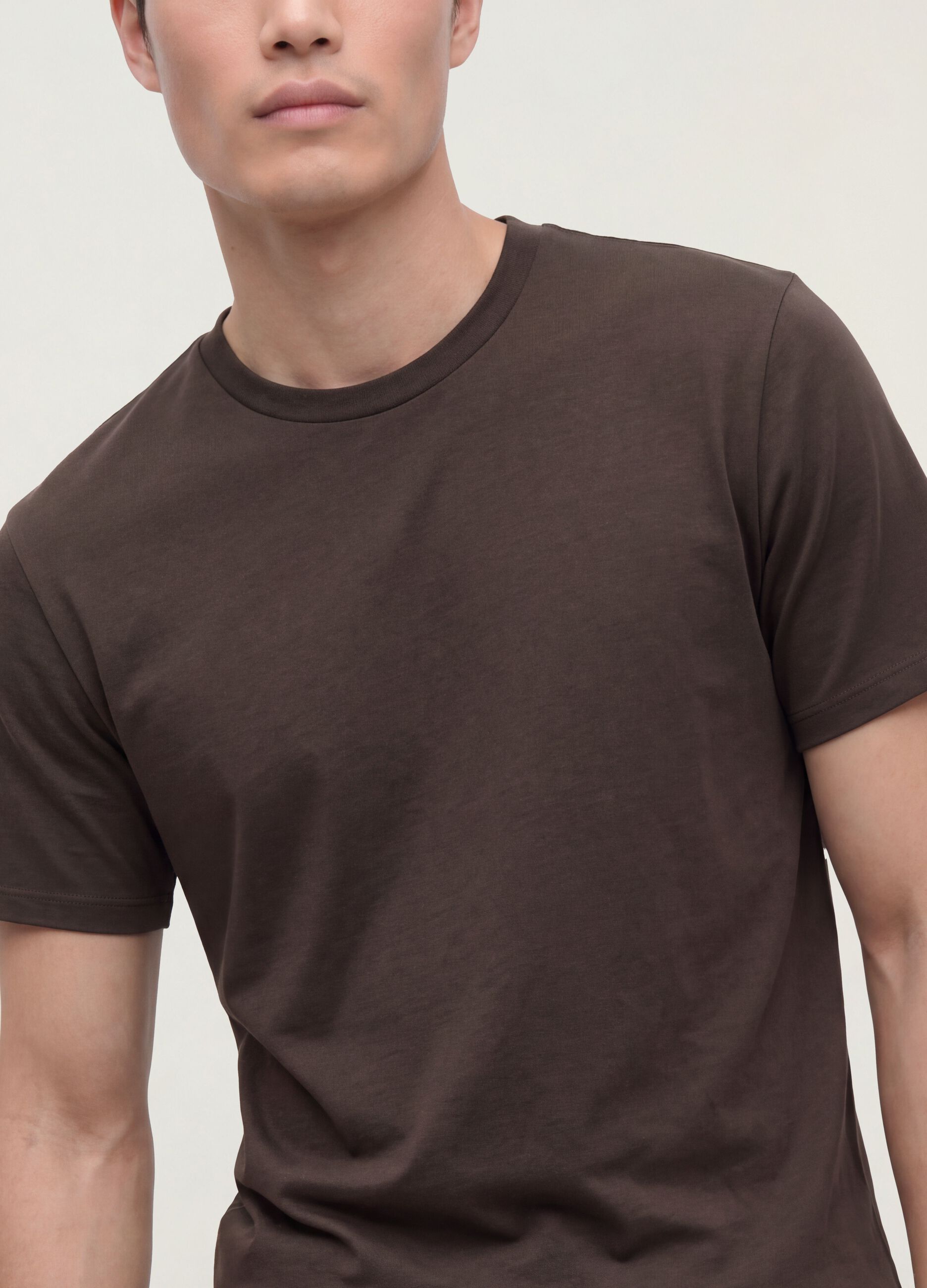 Brown mercerised pure cotton regular-fit crew-neck T-shirt