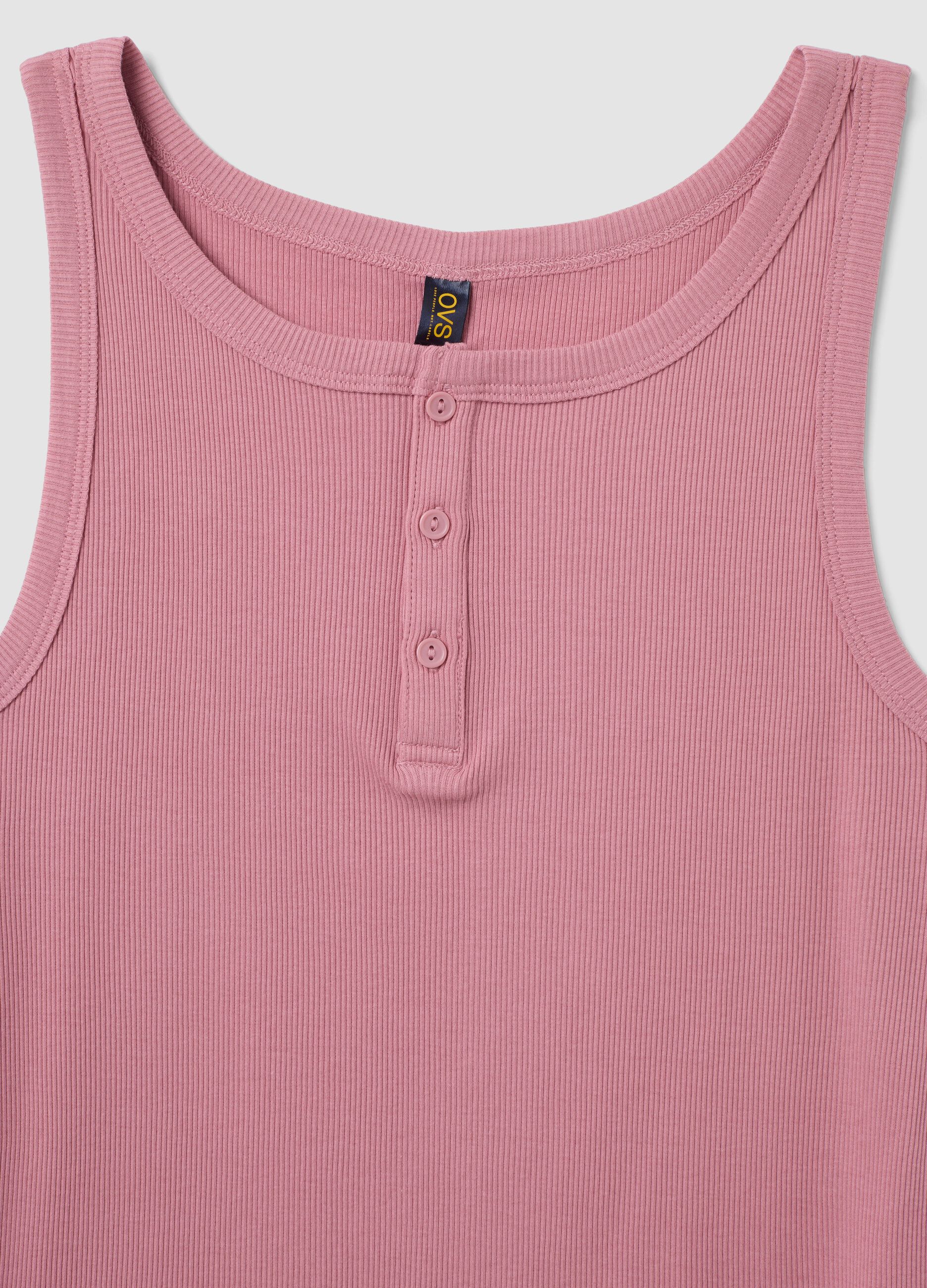 Pink ribbed cotton and viscose blend henley vest