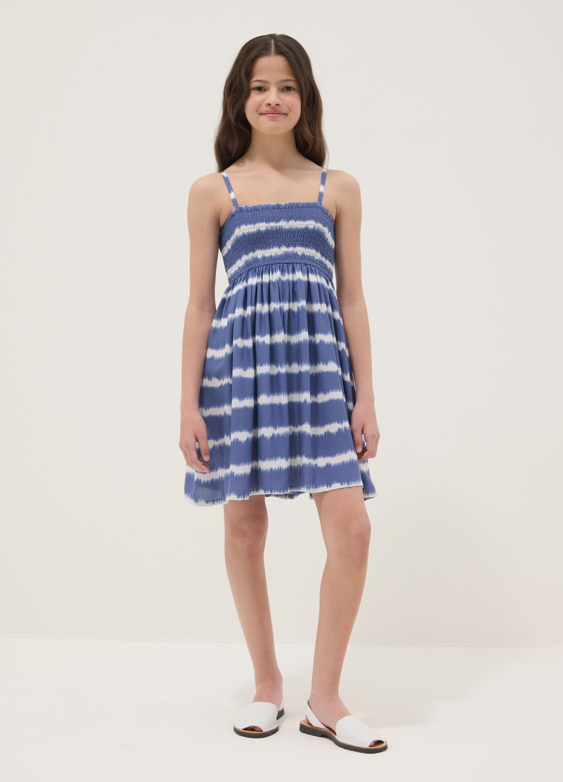 Girls&rsquo; blue striped pure viscose wide-fit dress with spaghetti straps