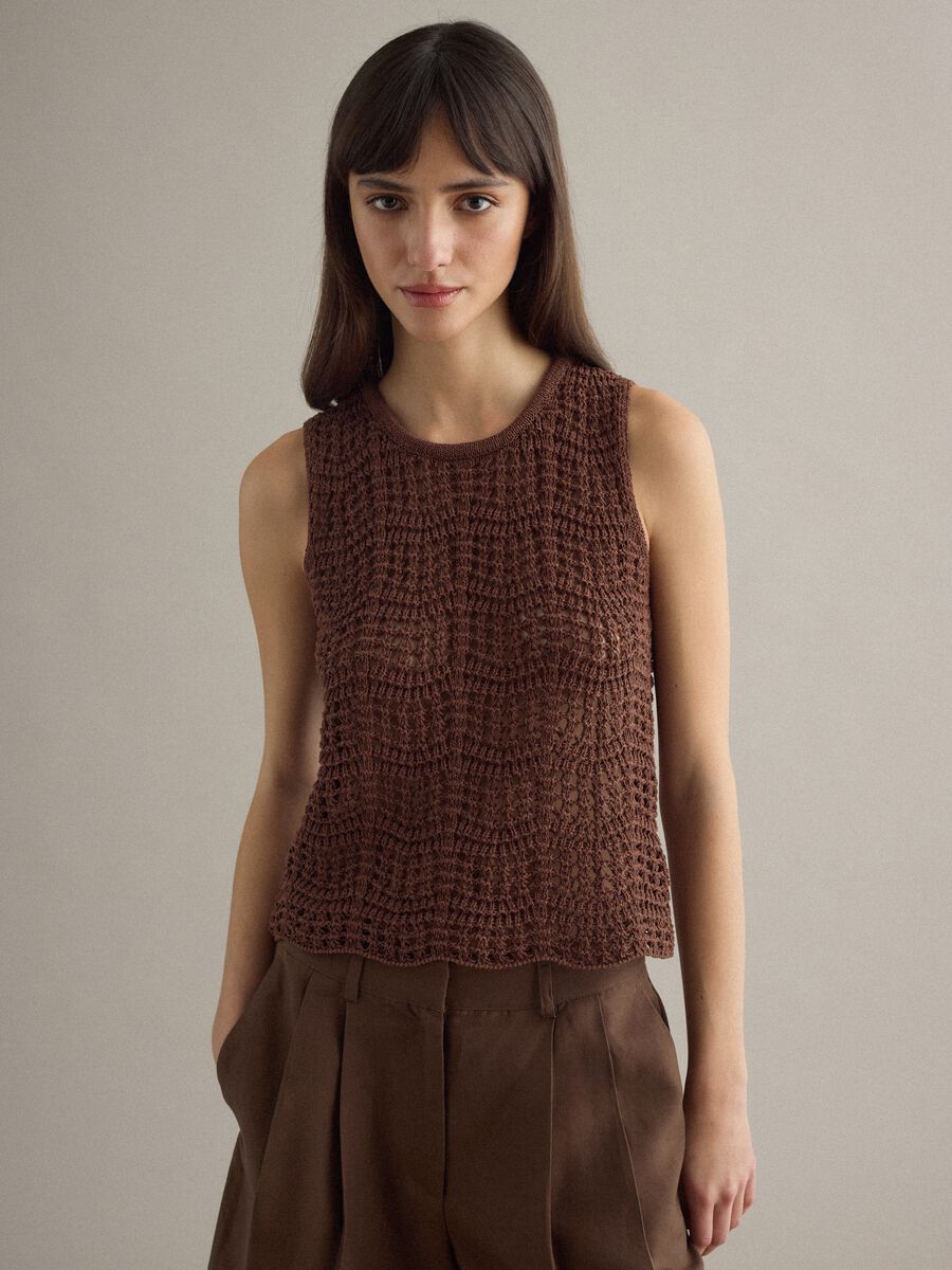 Brown regular fit cotton blend tank top with mesh texture_1