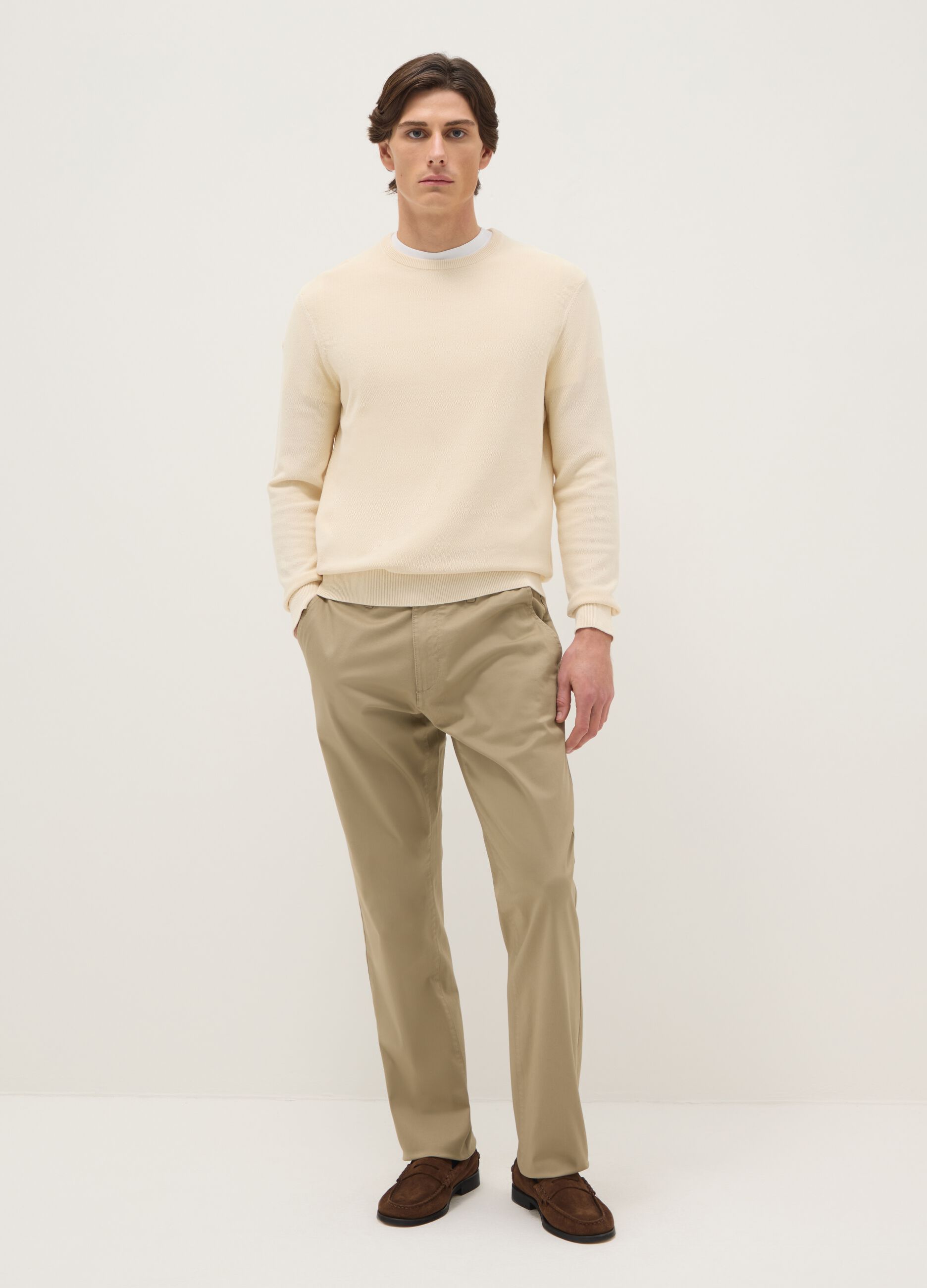 Beige stretch cotton chino trousers with a regular fit