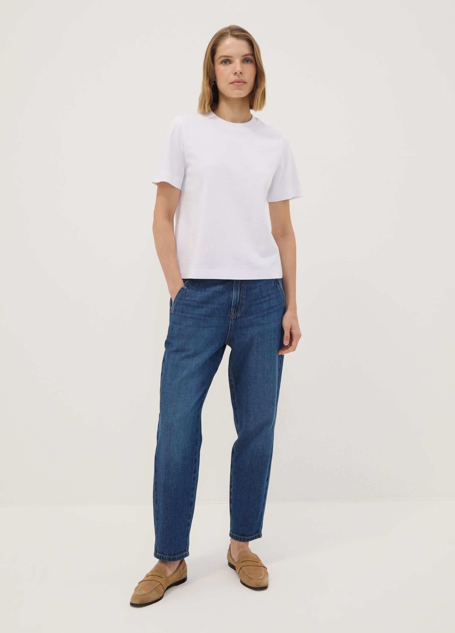 Blue denim baggy-fit jeans in pure cotton with paperbag waist