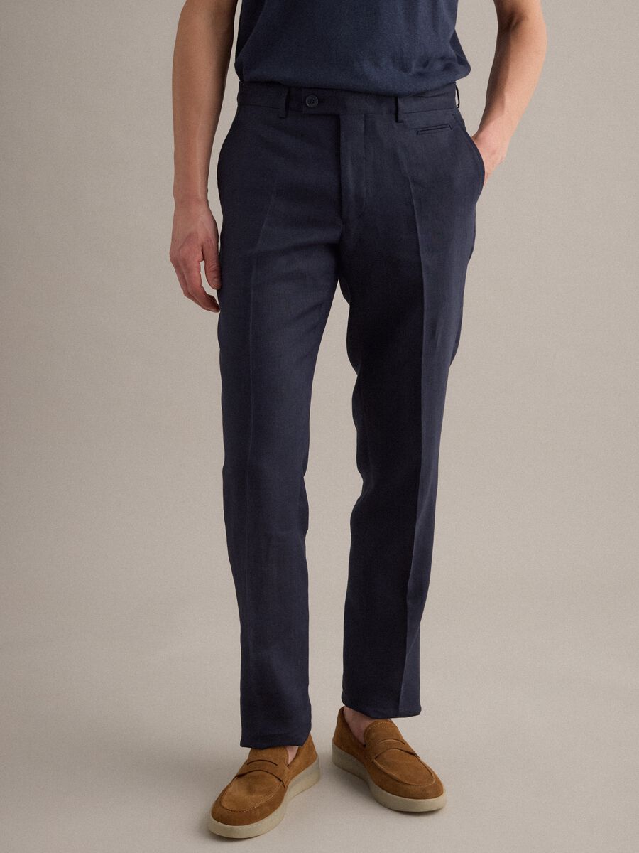 Regular fit pure blue linen trousers_1