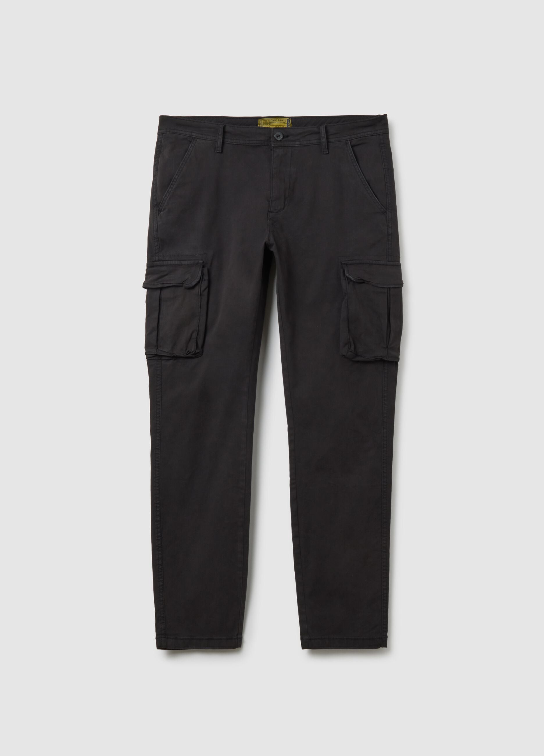 Black Stretch Cotton Slim Fit Cargo Trousers