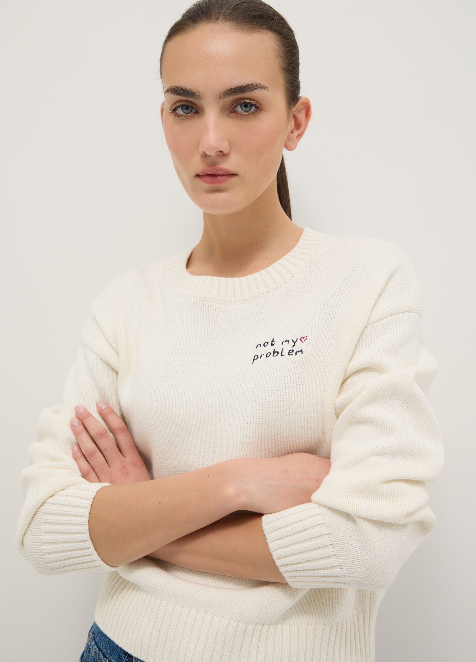 Regular fit white cotton blend pullover