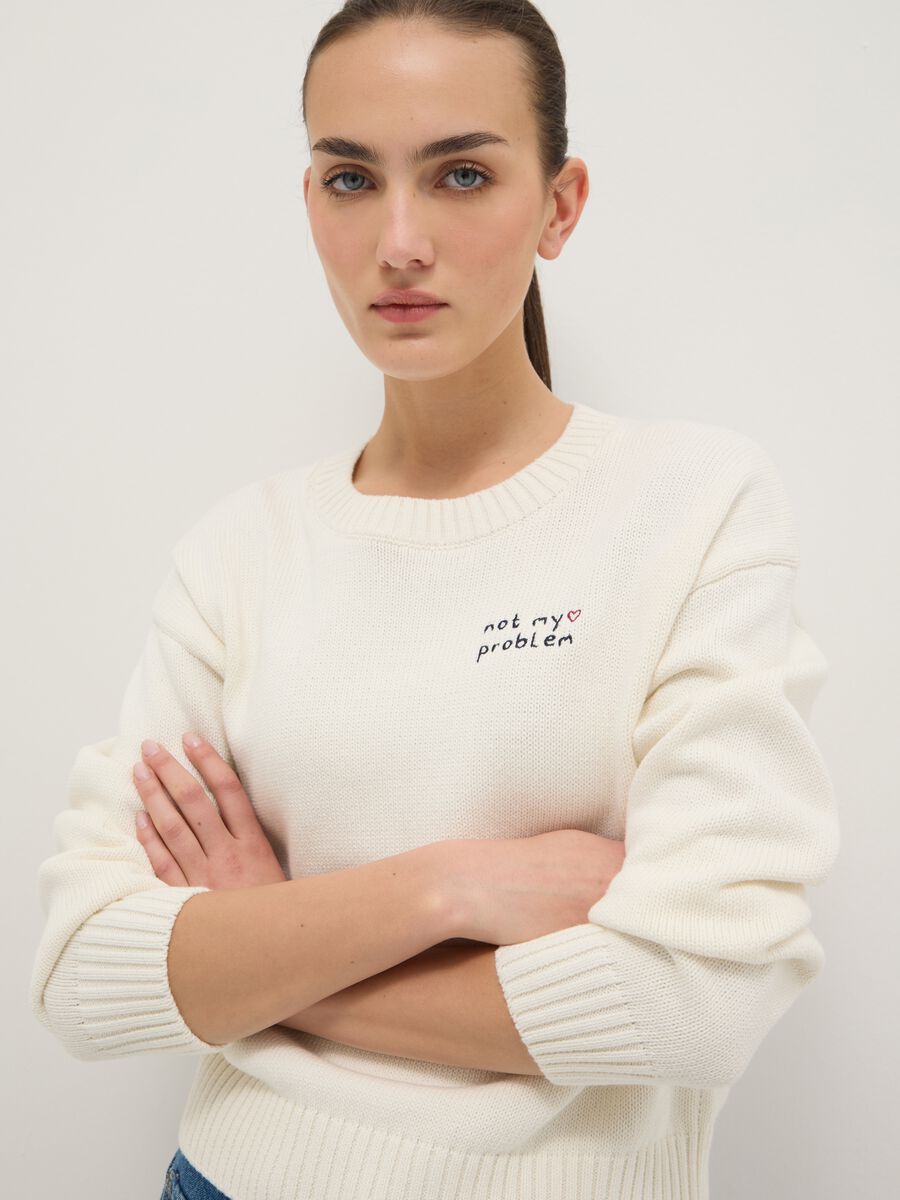 Regular fit white cotton blend pullover_0