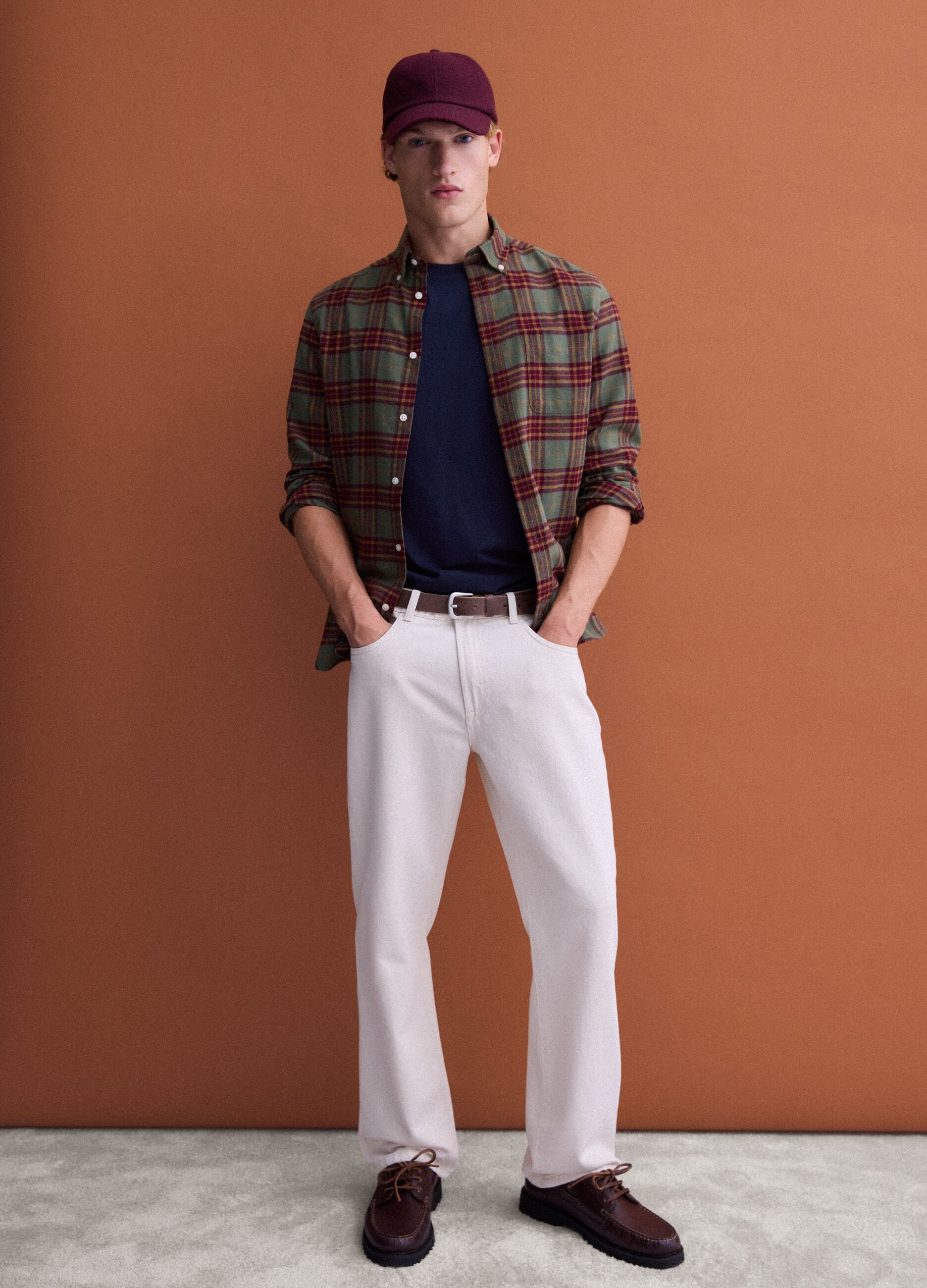 Green and yellow checked pure cotton flannel shirt, regular fit