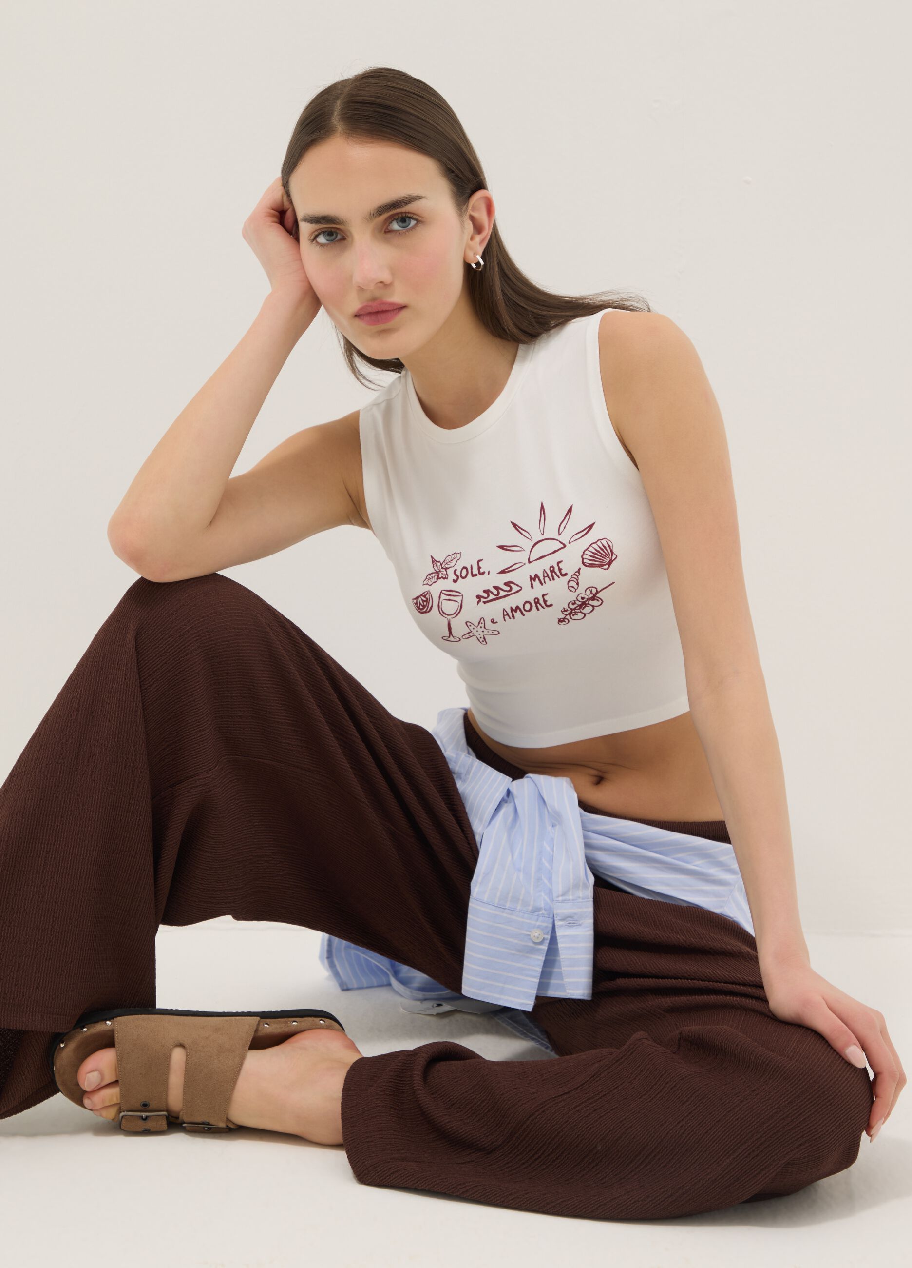 Wei&szlig;es Regular-Fit Tanktop aus elastischer Baumwolle mit Prints