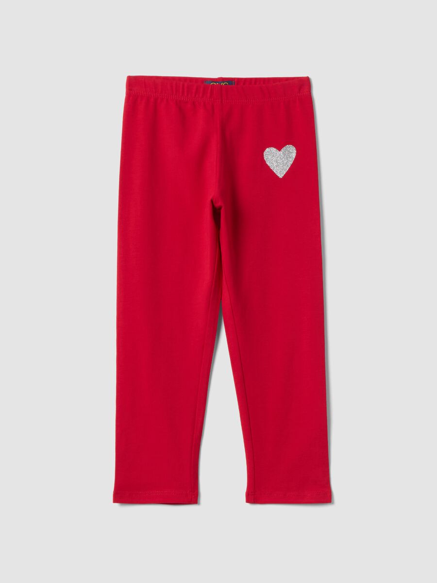 Girl's red stretch cotton slim fit leggings with heart_0