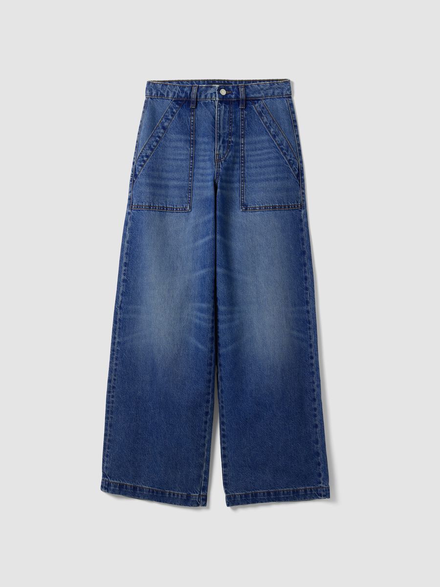 Blue denim wide-leg jeans in pure cotton_0