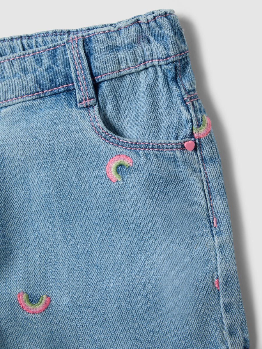 Blue denim cotton blend shorts for girls, regular fit, with embroidery_3