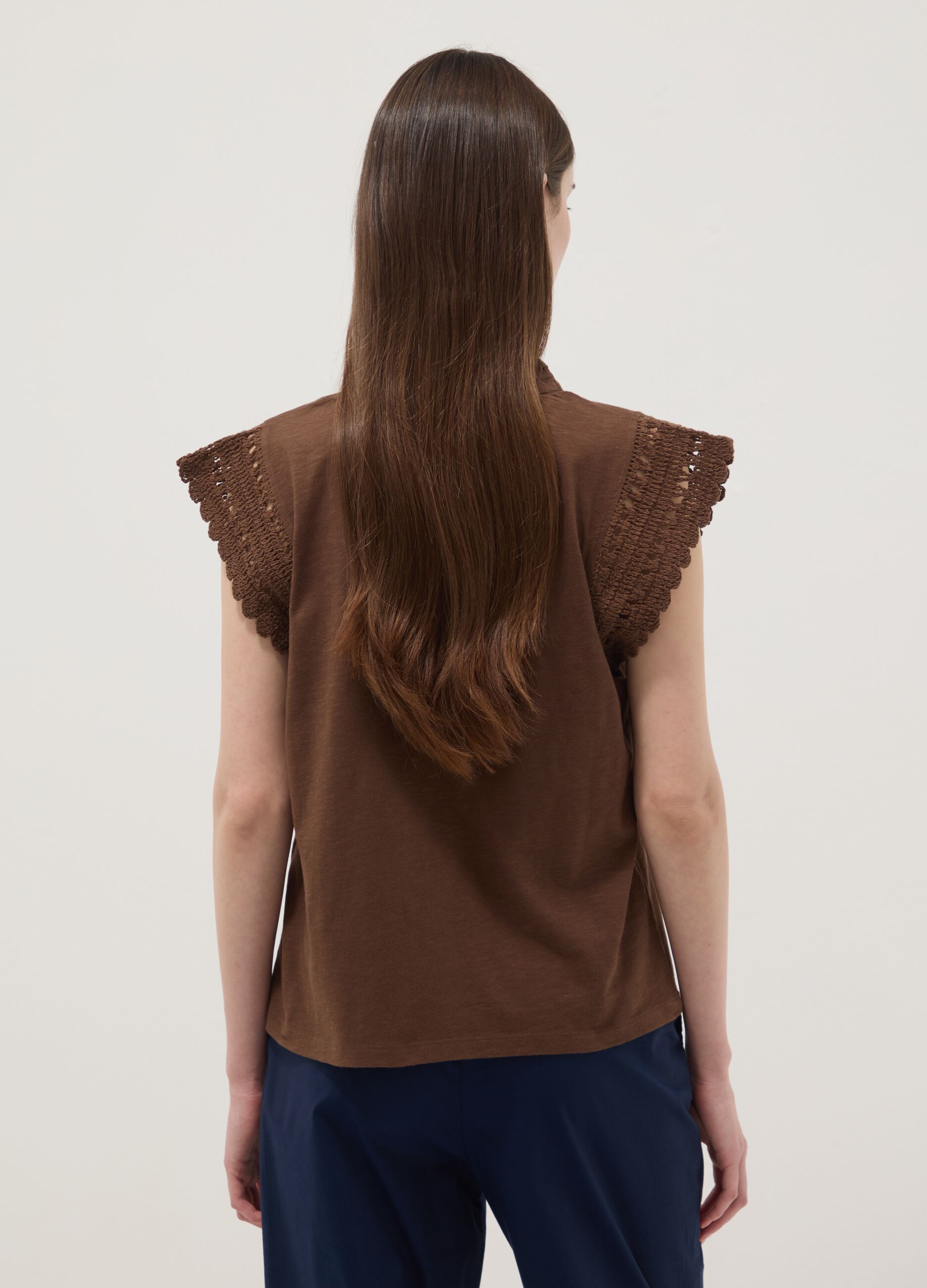 Brown pure cotton T-shirt with crochet details, regular fit
