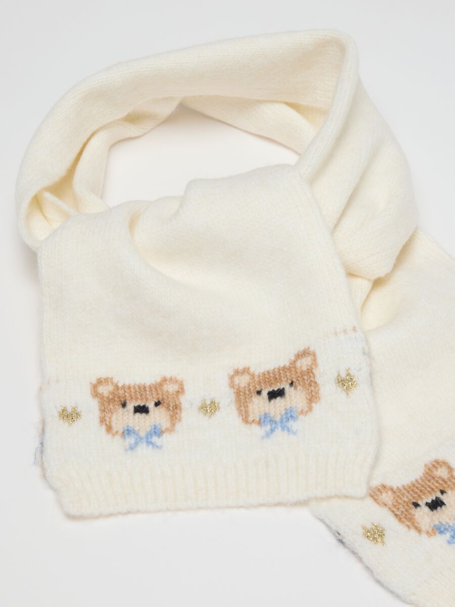 White girl's hat, gloves, scarf set with embroidery_1