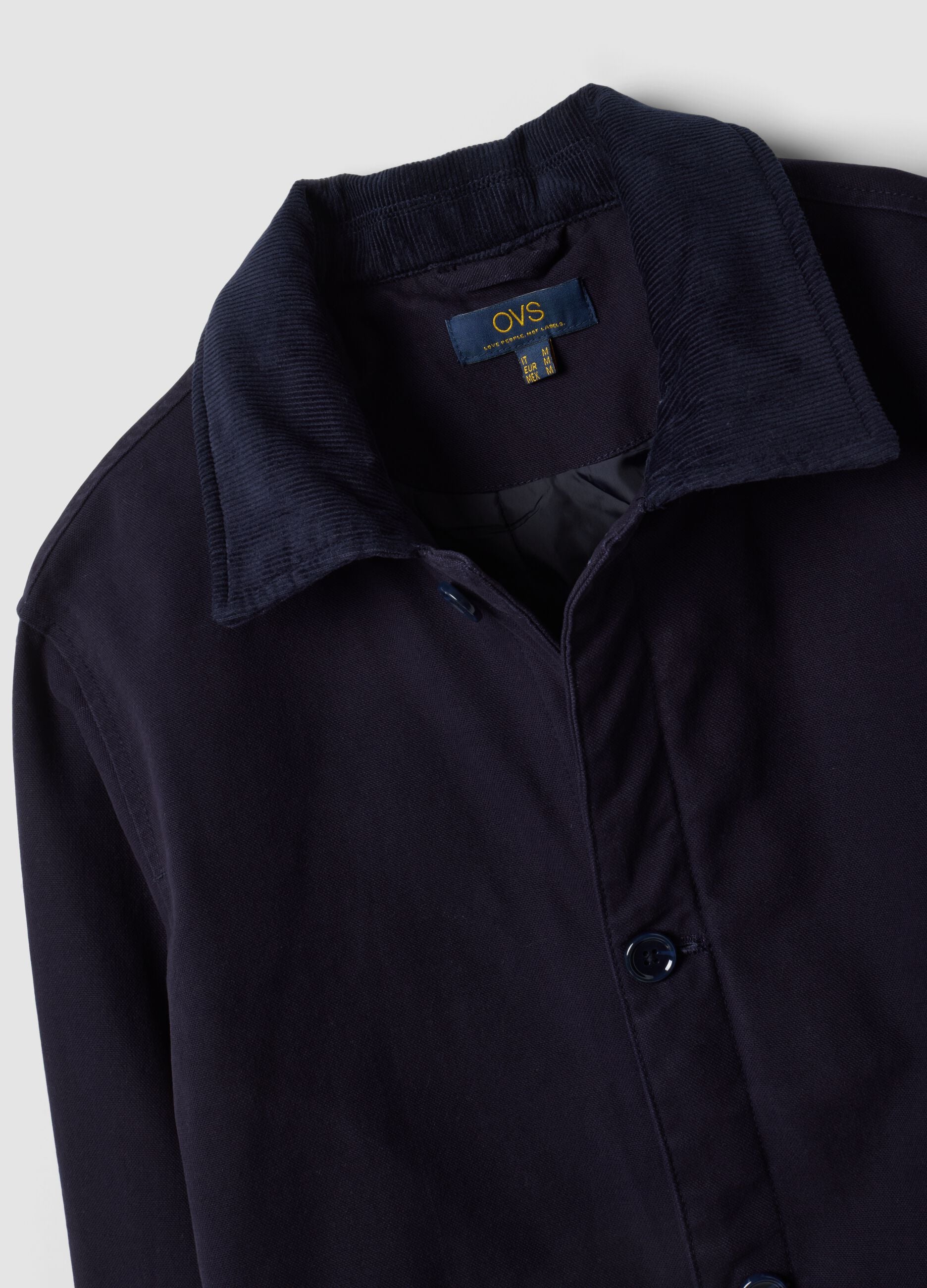 Shacket blu navy imbottita in puro cotone regular fit con colletto a contrasto