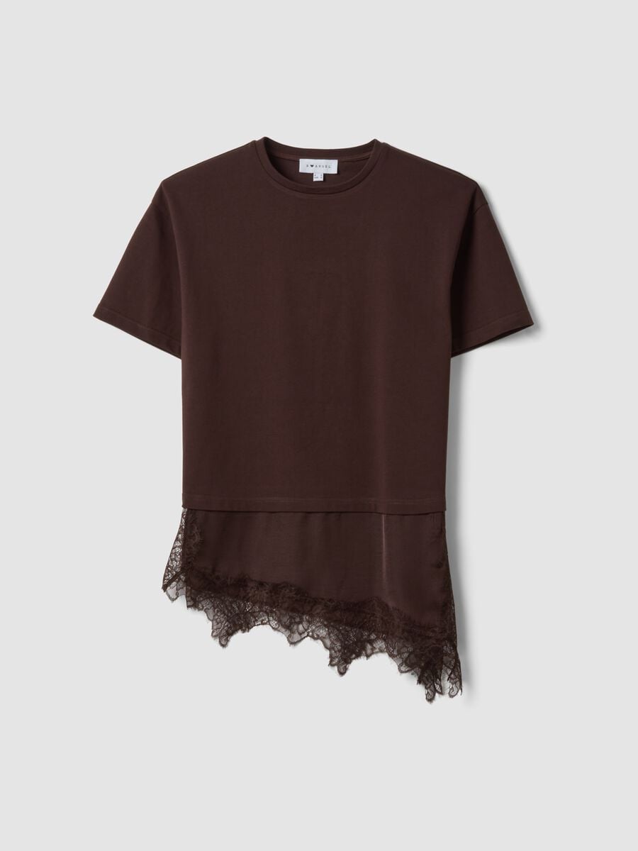 Brown pure cotton T-shirt with lace insert, relaxed fit_4