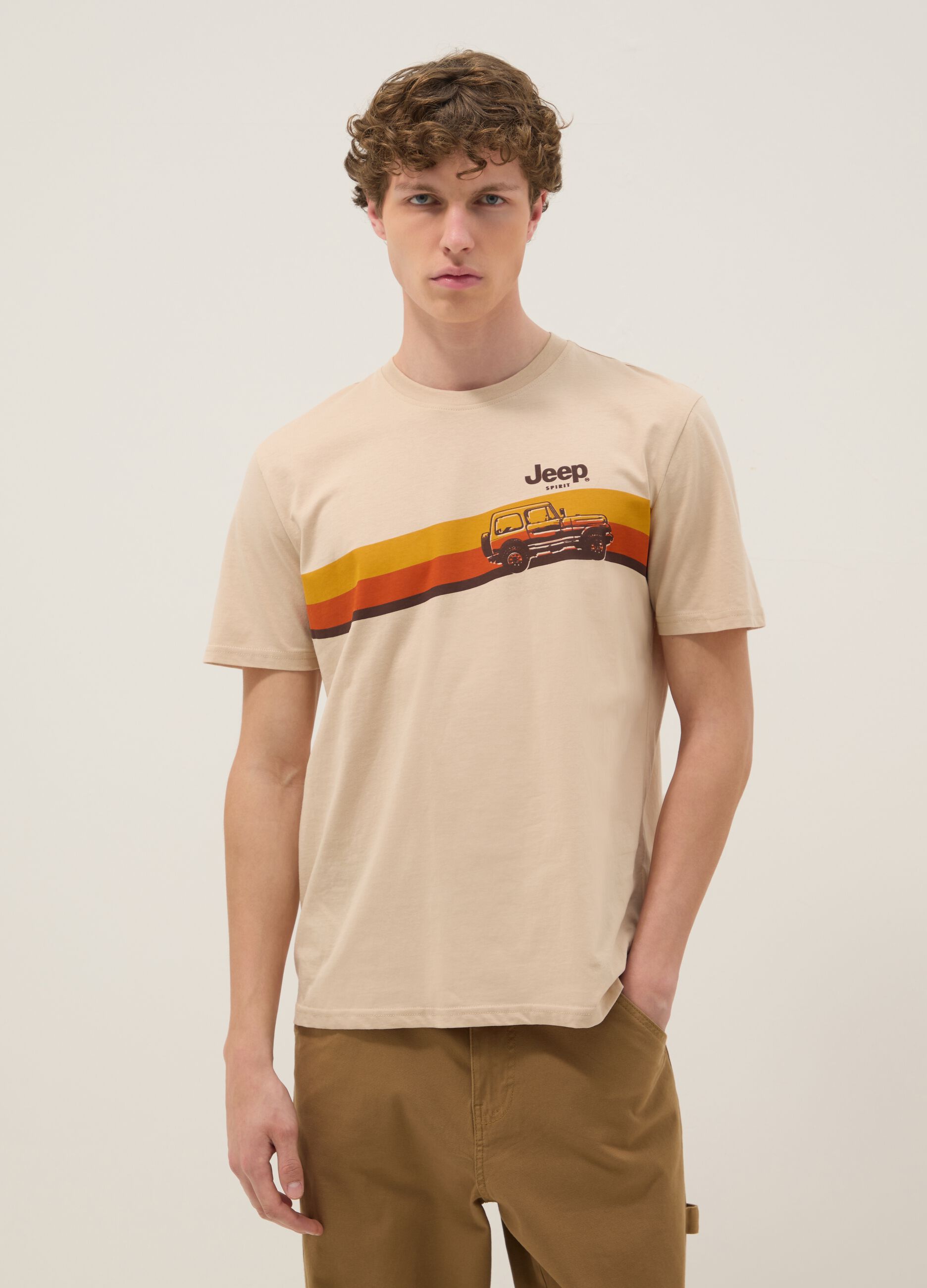 Beige pure cotton regular fit T-shirt with print