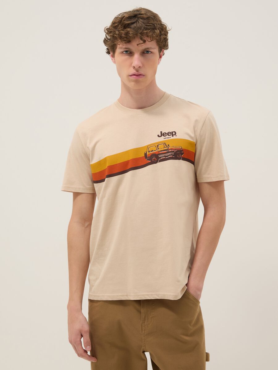 Beige T-Shirt aus reiner Baumwolle im Regular Fit mit Druck_0