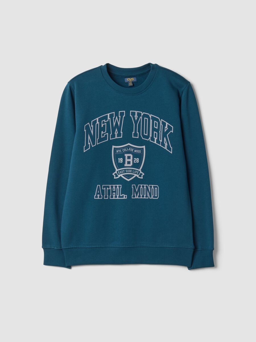 Blaues Sweatshirt mit Rundhalsausschnitt aus reiner Baumwolle mit College-Print_0