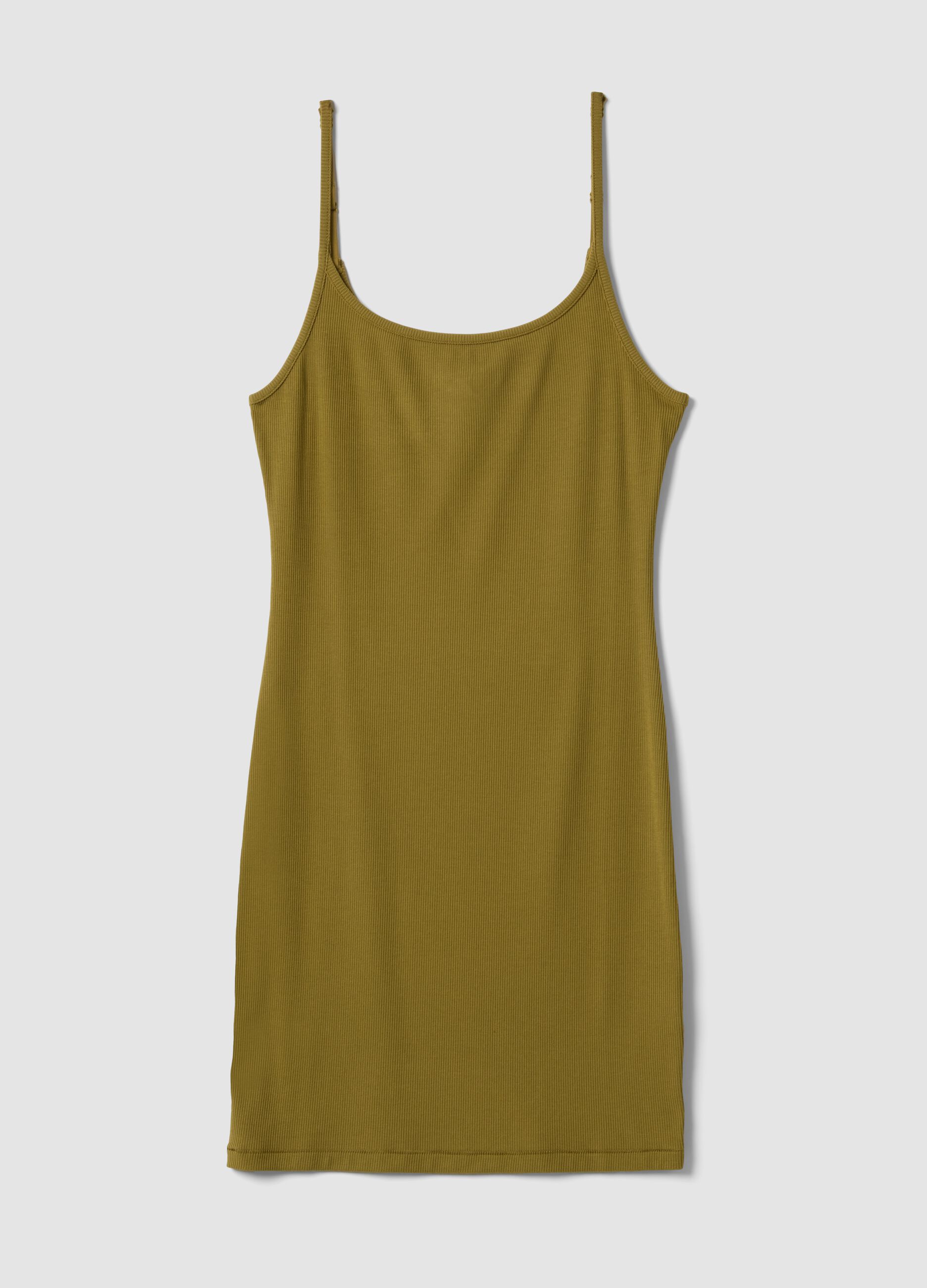 Green fitted ribbed stretch modal dress with straps