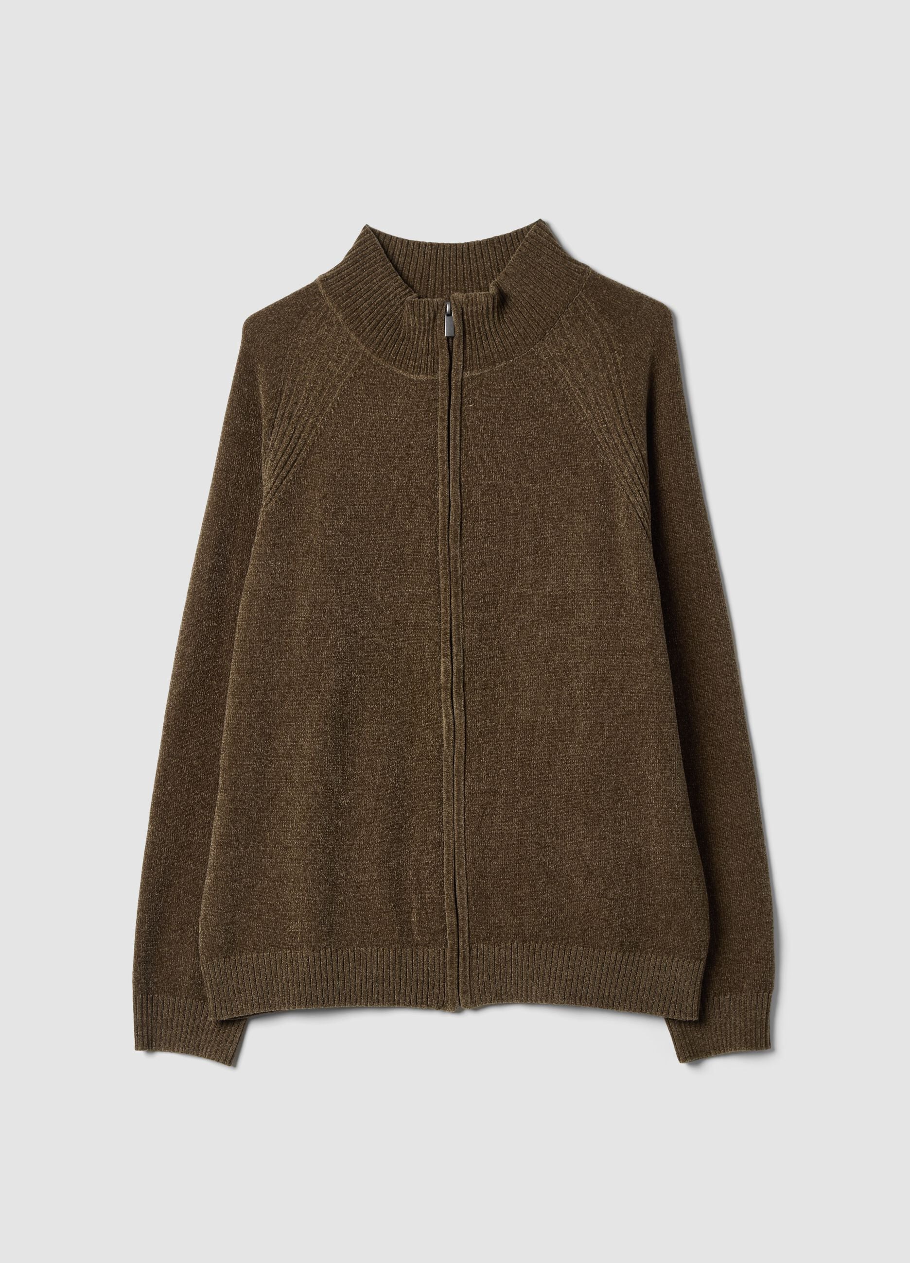 Beige full-zip cardigan with collar, regular fit