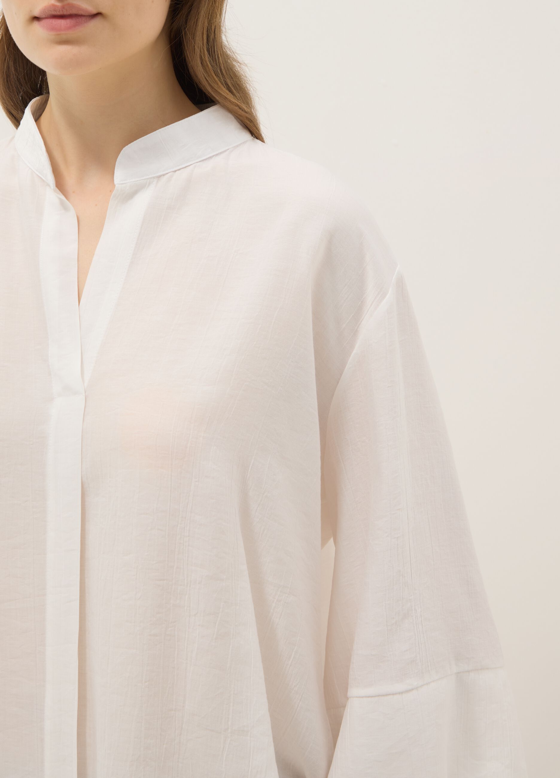 White viscose-blend blouse, regular fit, with Mandarin collar