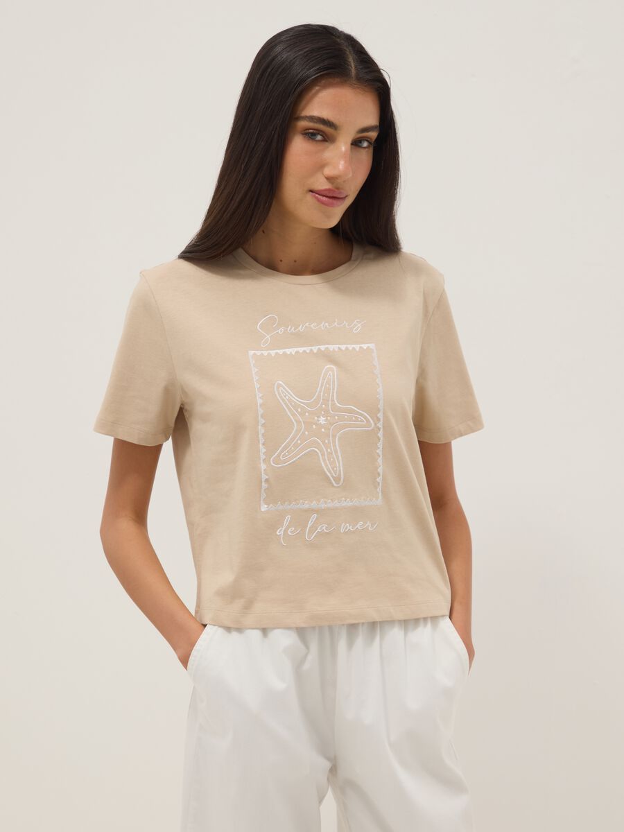Beige pure cotton regular fit t-shirt with embroidery_0