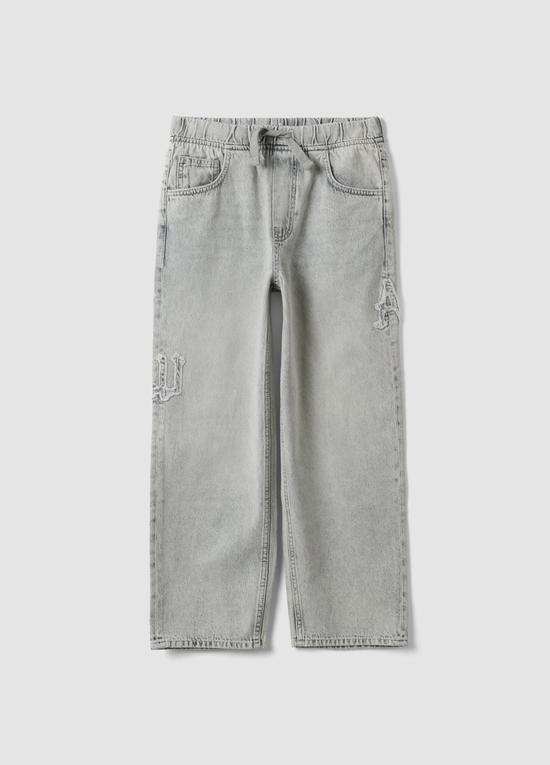Jeans de ganga cinzentos em algod&atilde;o puro com cintura el&aacute;stica para rapaz, skater fit