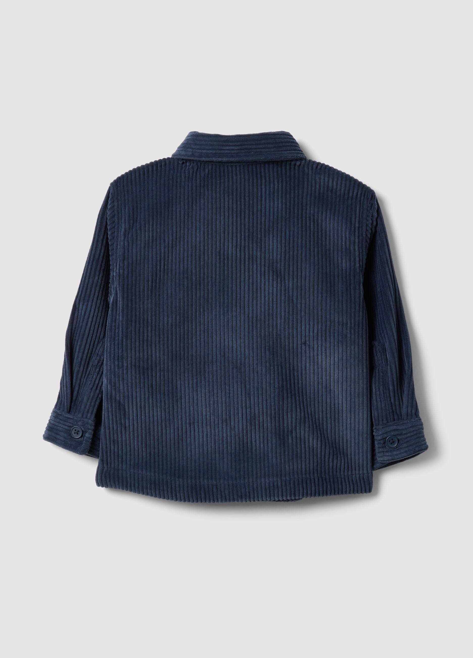 Blue ribbed shacket with buttons and classic collar