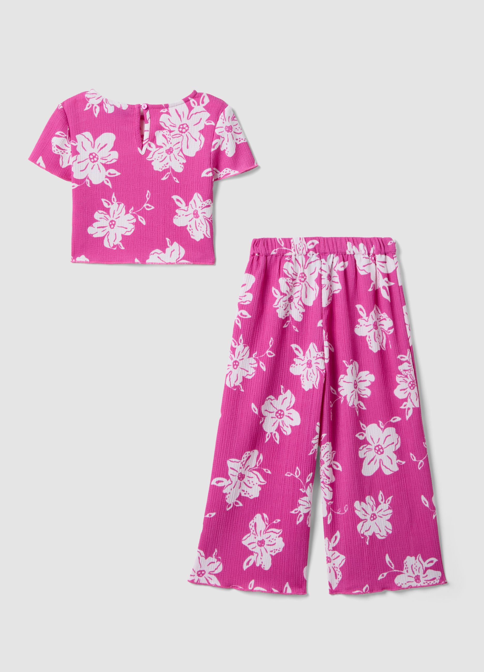 M&auml;dchen-Set aus rosafarbenem Stretchstoff mit Blumenmuster