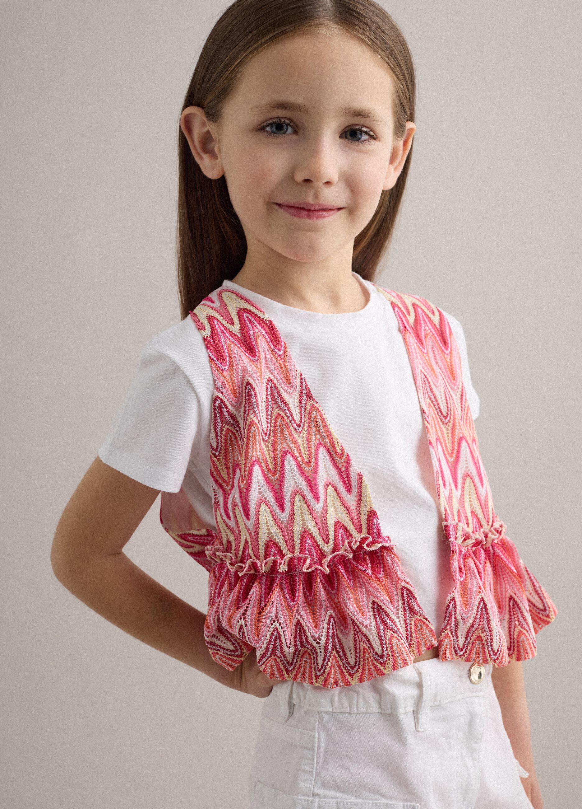 White stretch cotton T-shirt with patterned insert