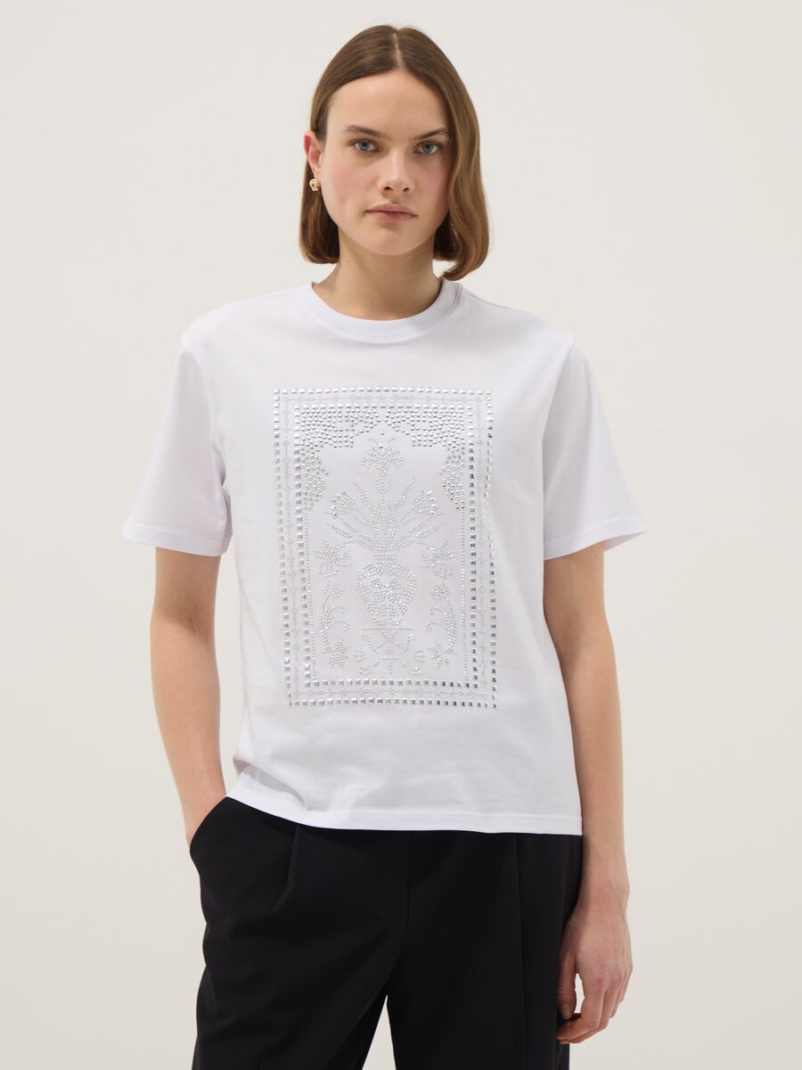 White pure cotton regular-fit T-shirt with rhinestone motif_0