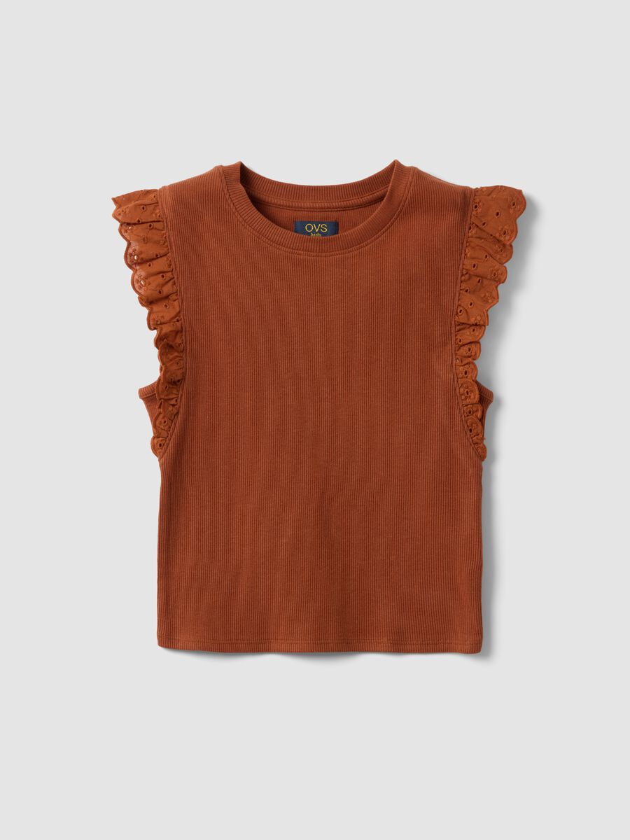 Brown stretch cotton T-shirt with ruffles_0