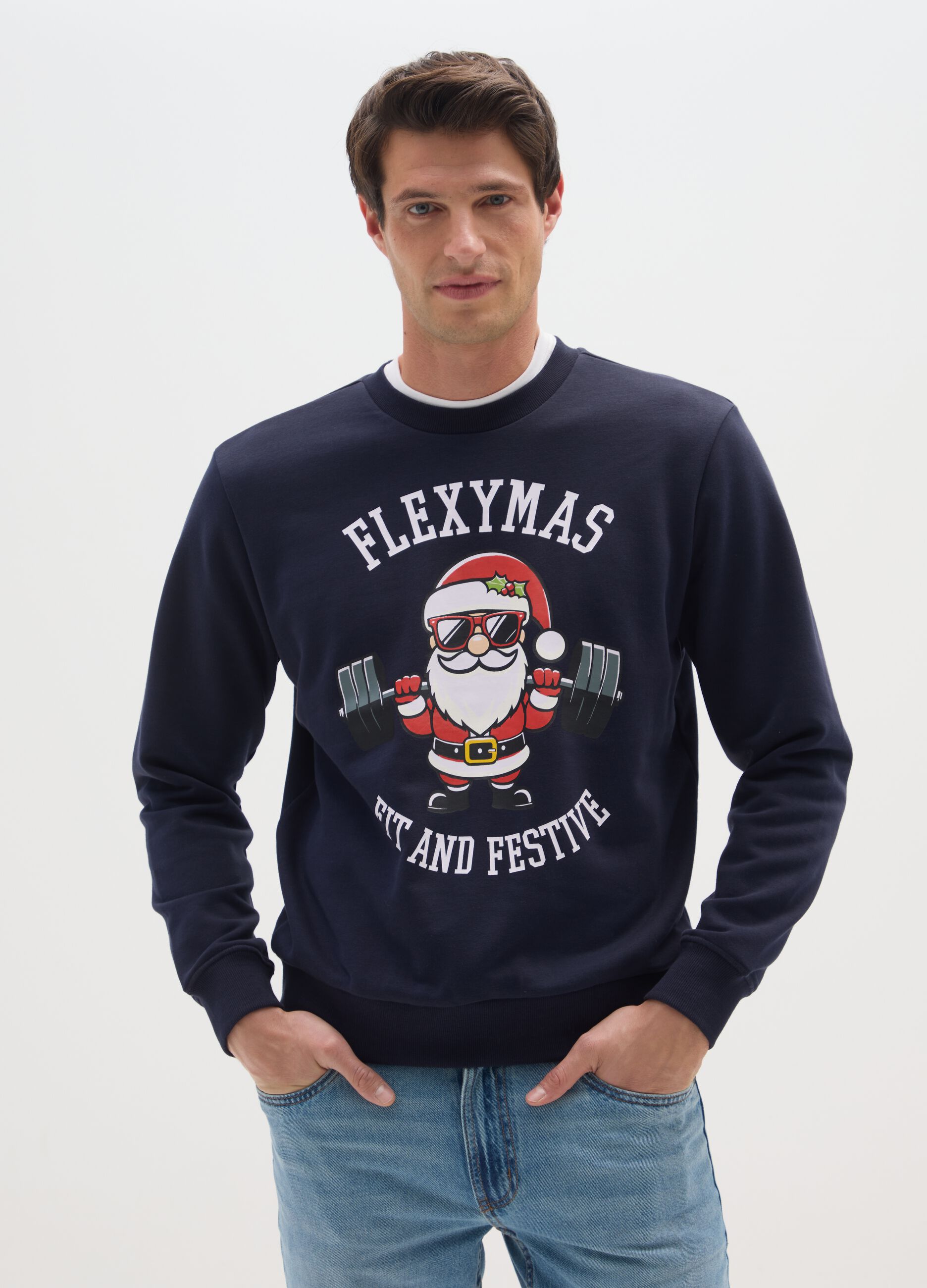 Regular fit blue cotton blend sweatshirt with crew neck