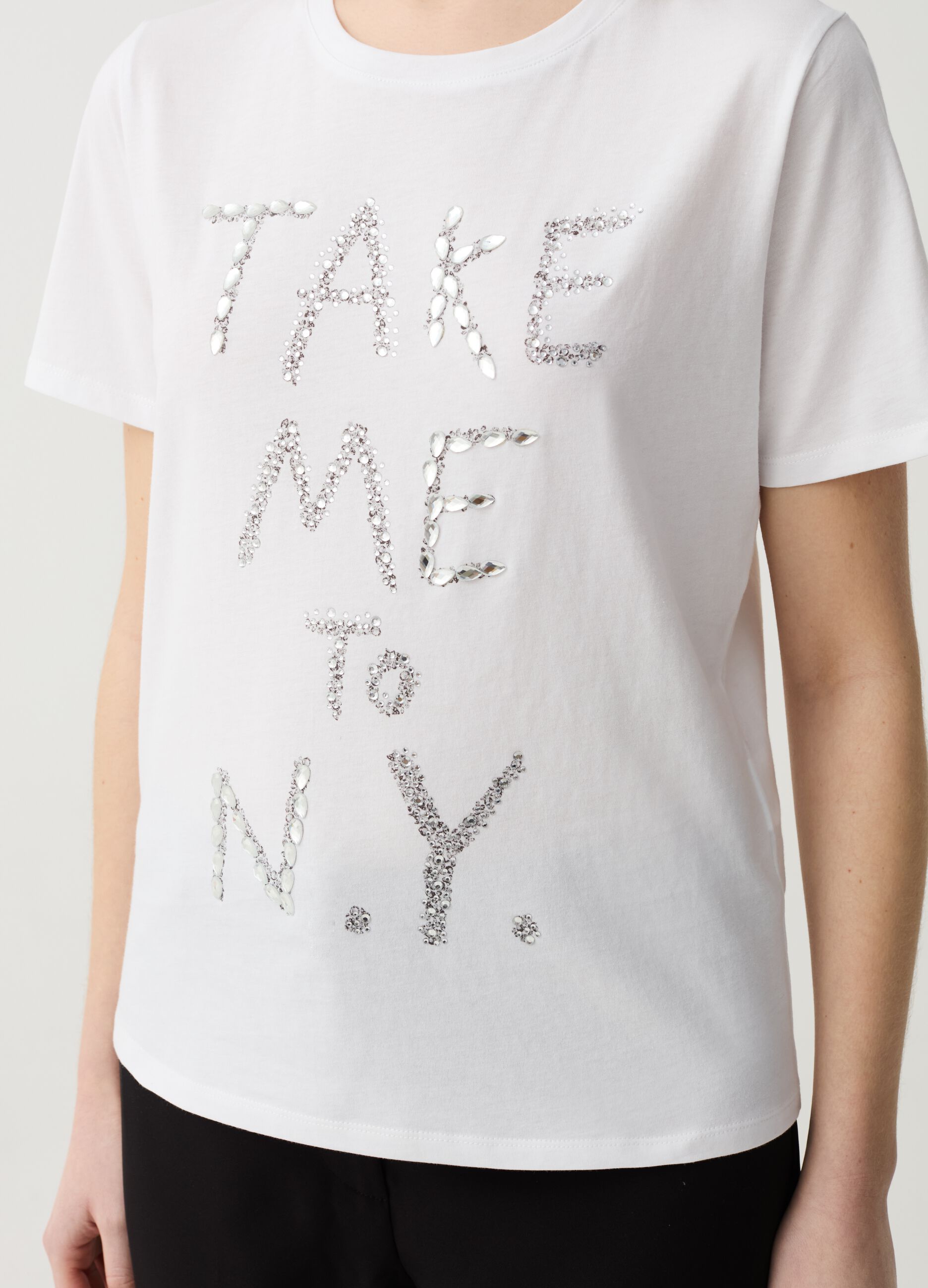 Camiseta con motivo de texto de cuentas de cristal y strass