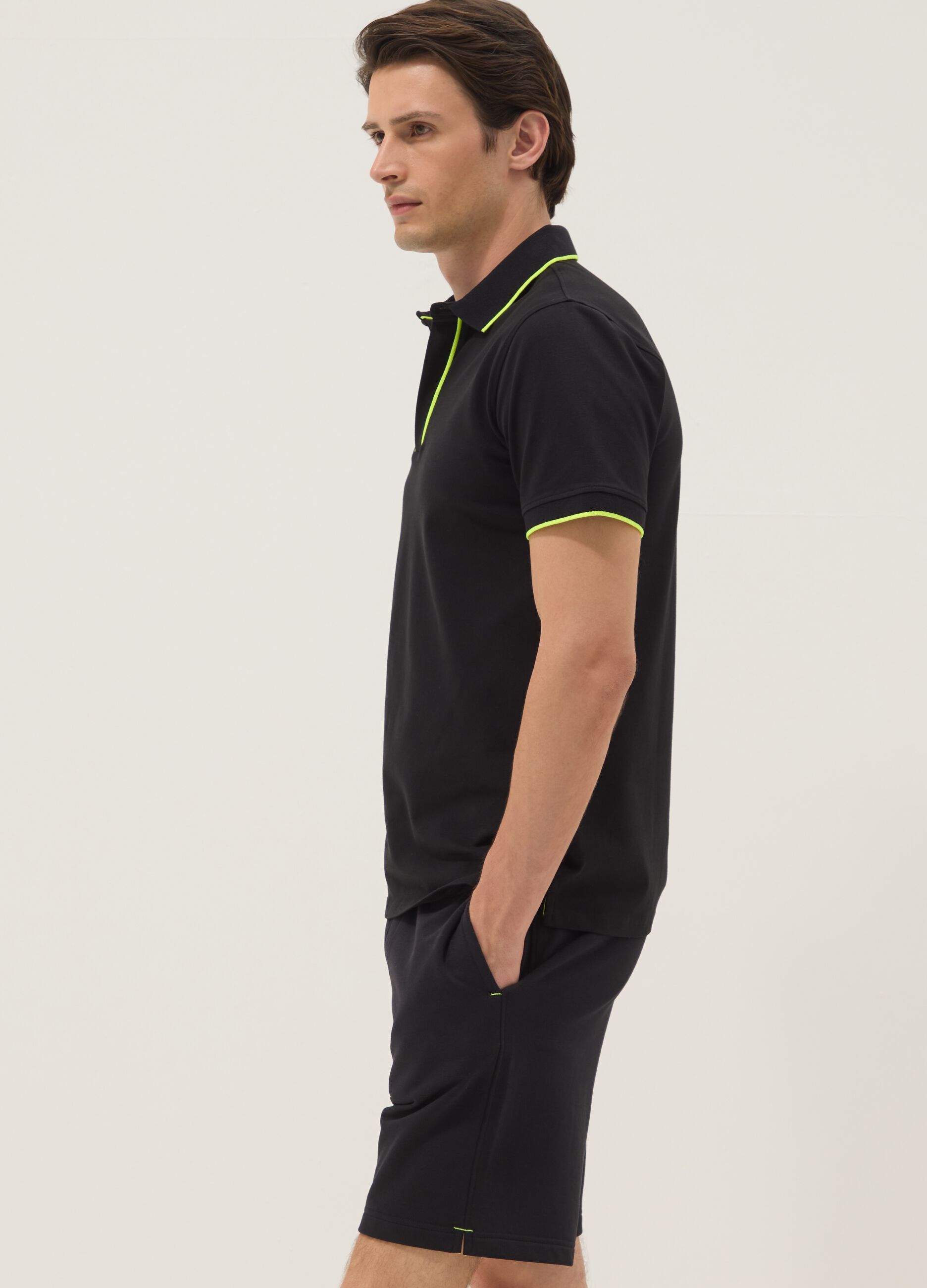 Blue stretch cotton polo with contrast piping