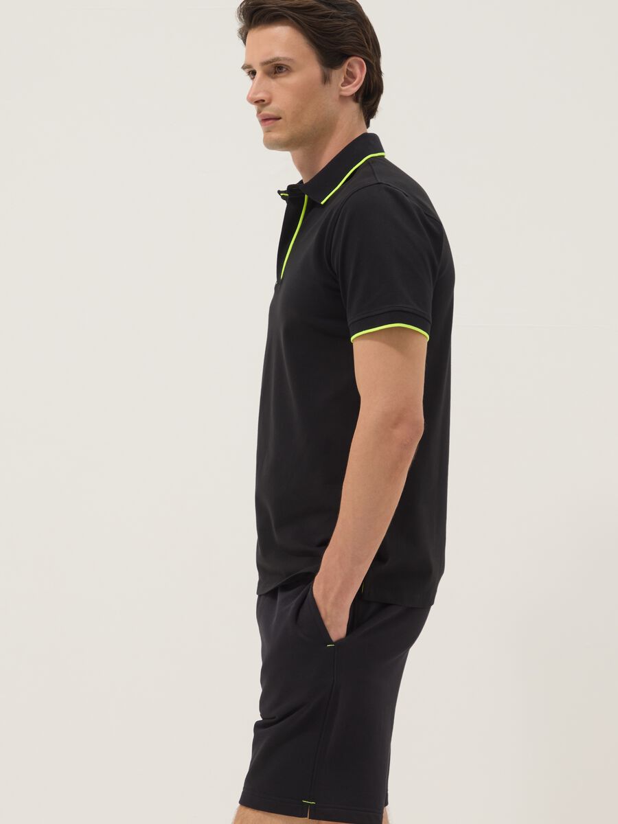 Blue stretch cotton polo with contrast piping_0