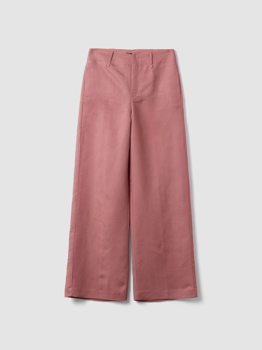 Pink linen-viscose blend wide-leg trousers with structured waistband_4