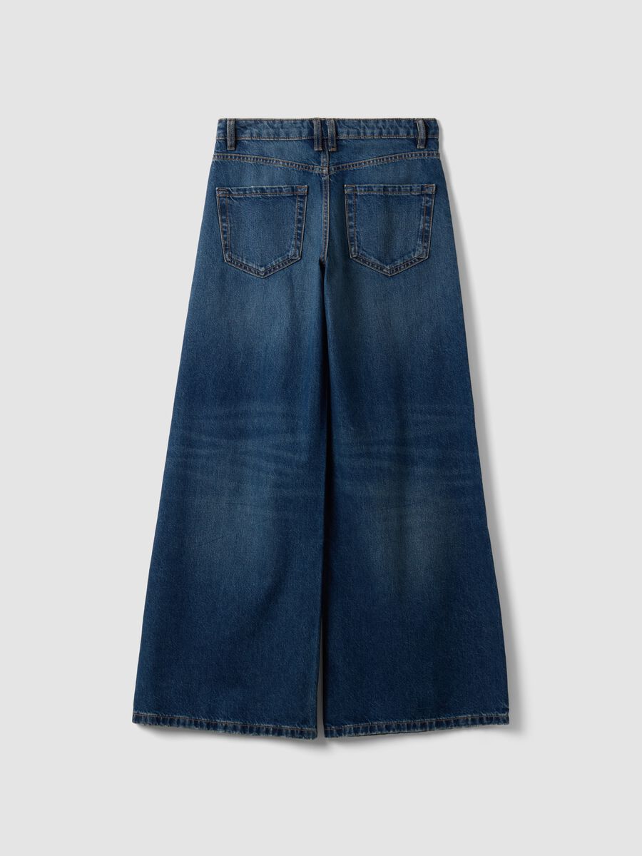 Blue pure cotton low-rise wide-leg jeans_5