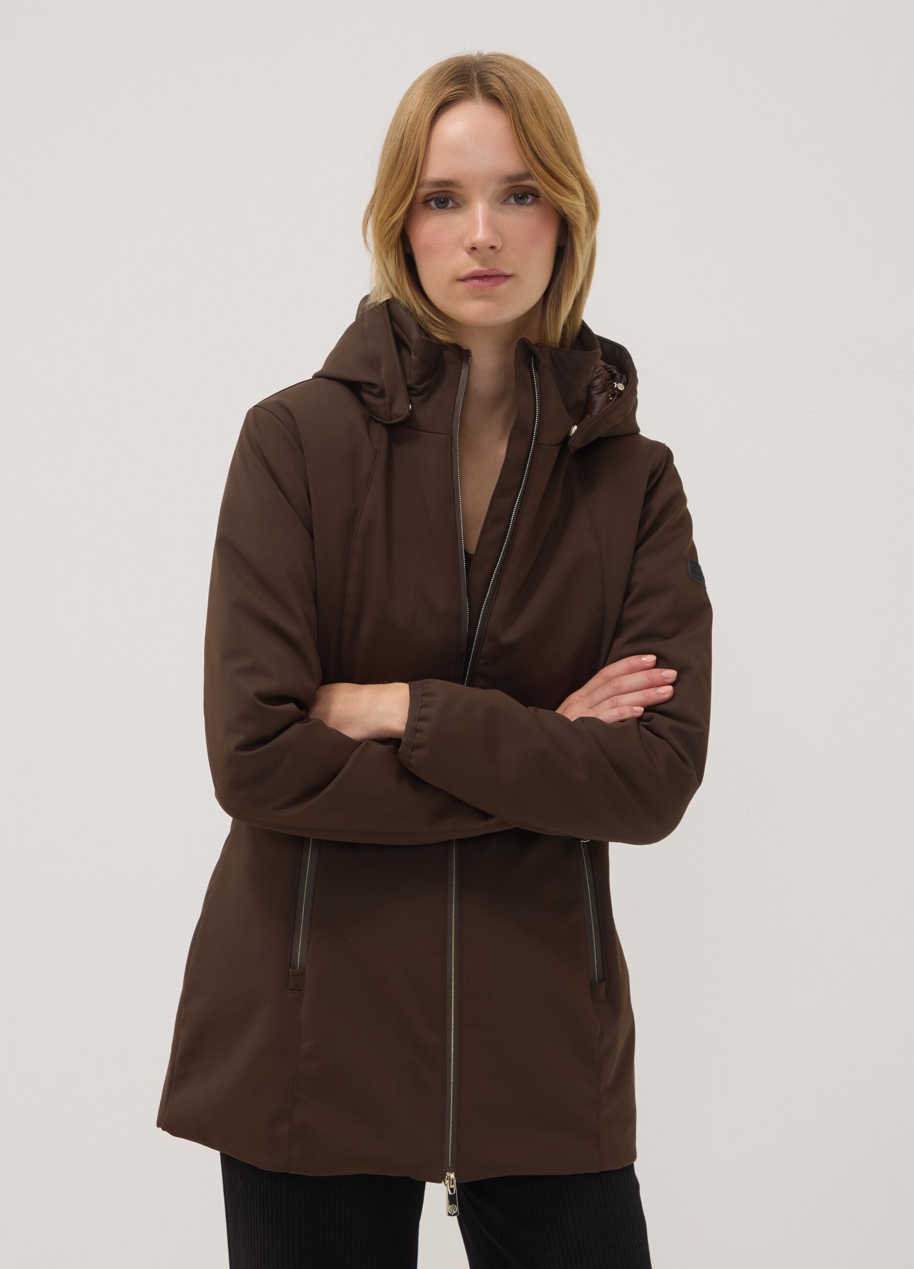 Brown stretch-fabric parka with hood, regular fit