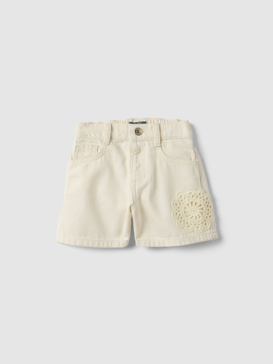 Girls' white pure cotton denim shorts regular fit with lace trim_0