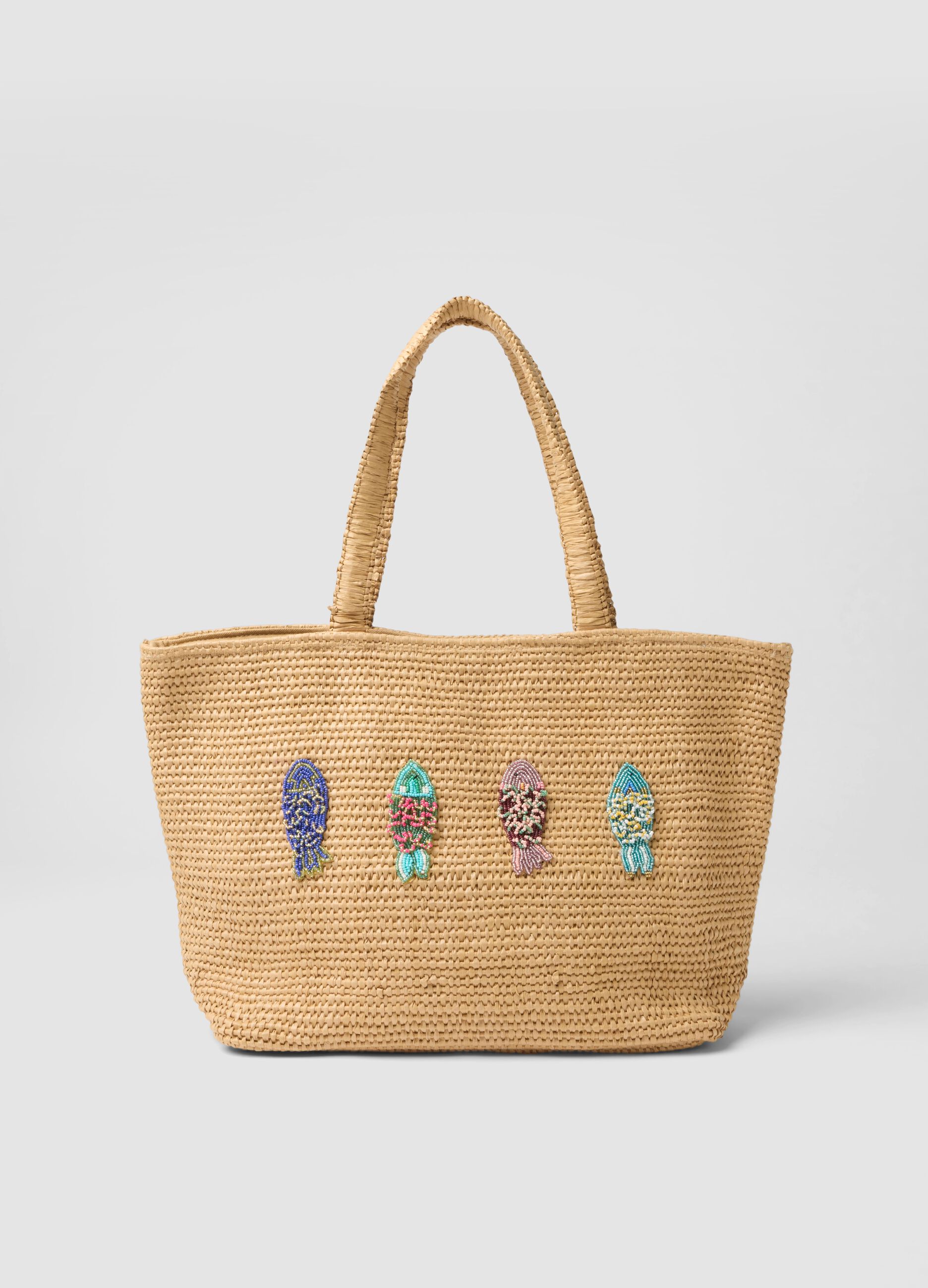 Beige cotton-blend and paper-fabric beach bag with bead detailing