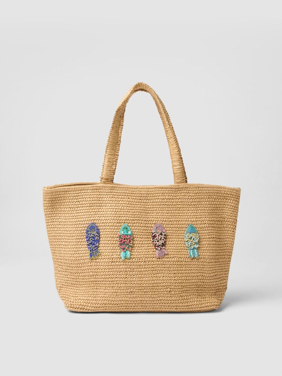 Beige cotton-blend and paper-fabric beach bag with bead detailing_0