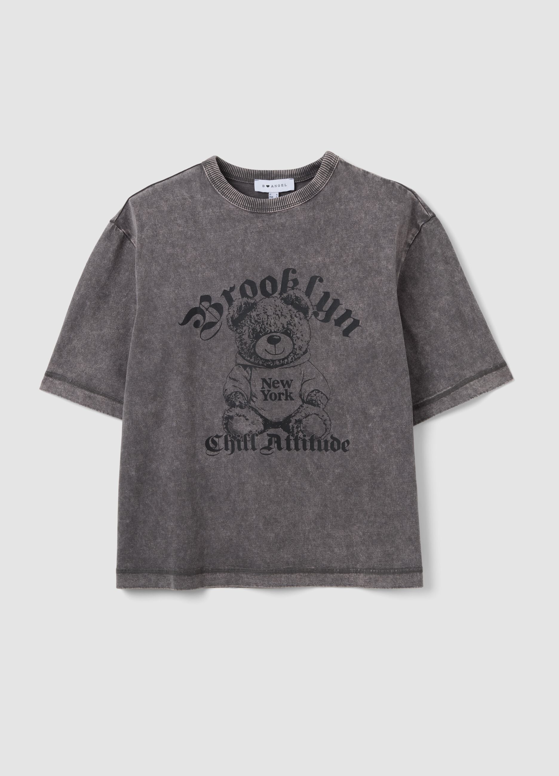 T-shirt grigia in puro cotone over fit con stampa teddy bear