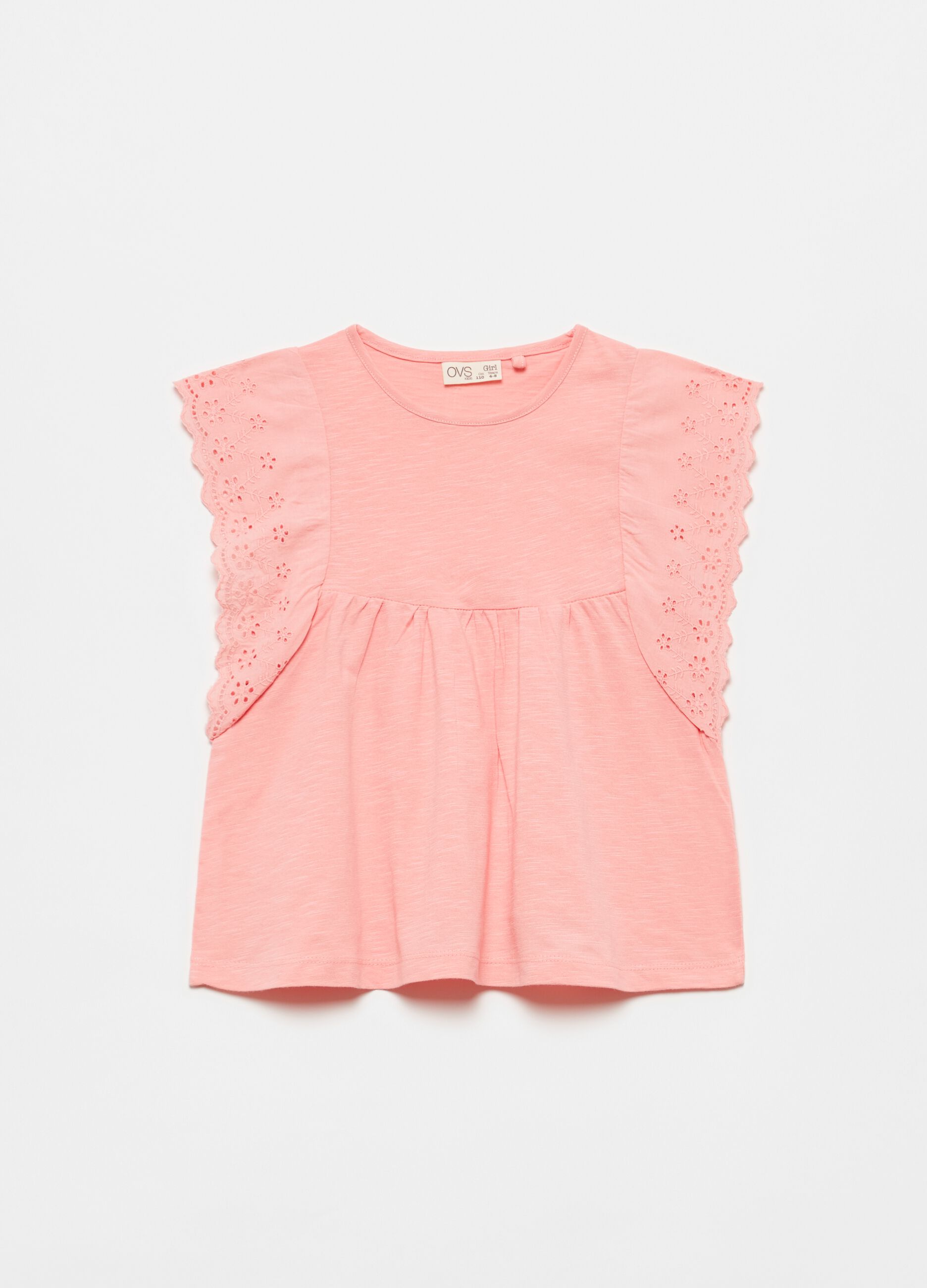 T-shirt in 100% cotton with broderie anglaise flounces