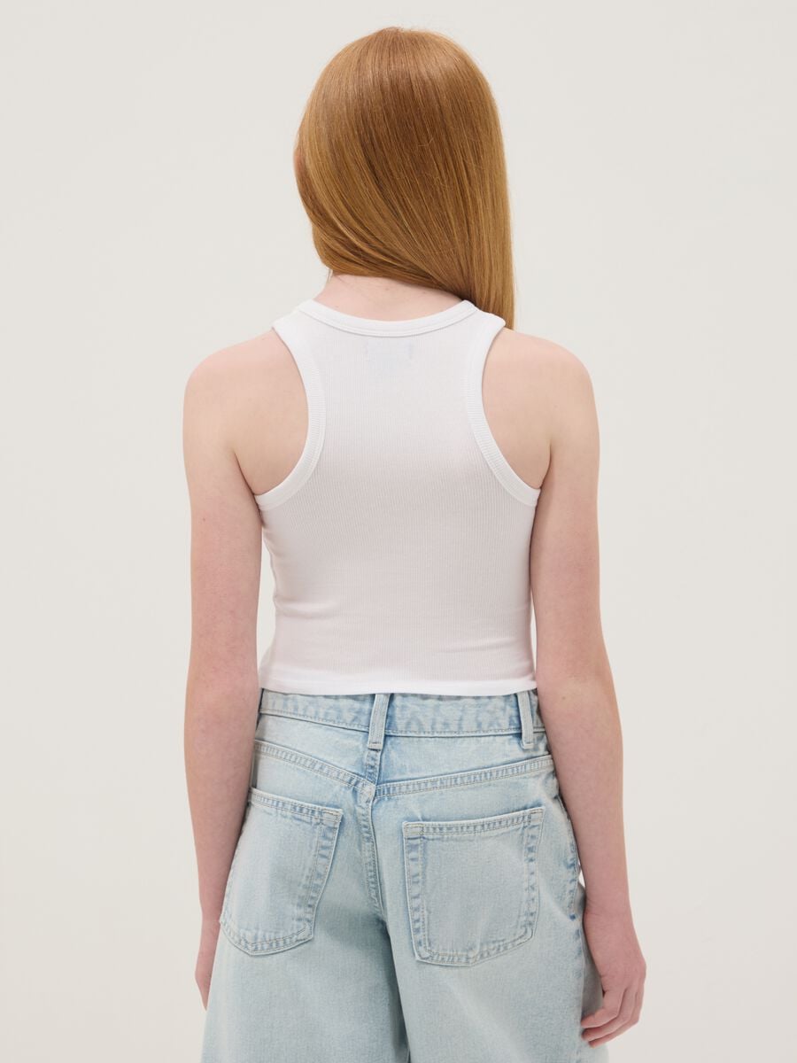 White stretch cotton fitted printed tank top for girls_1