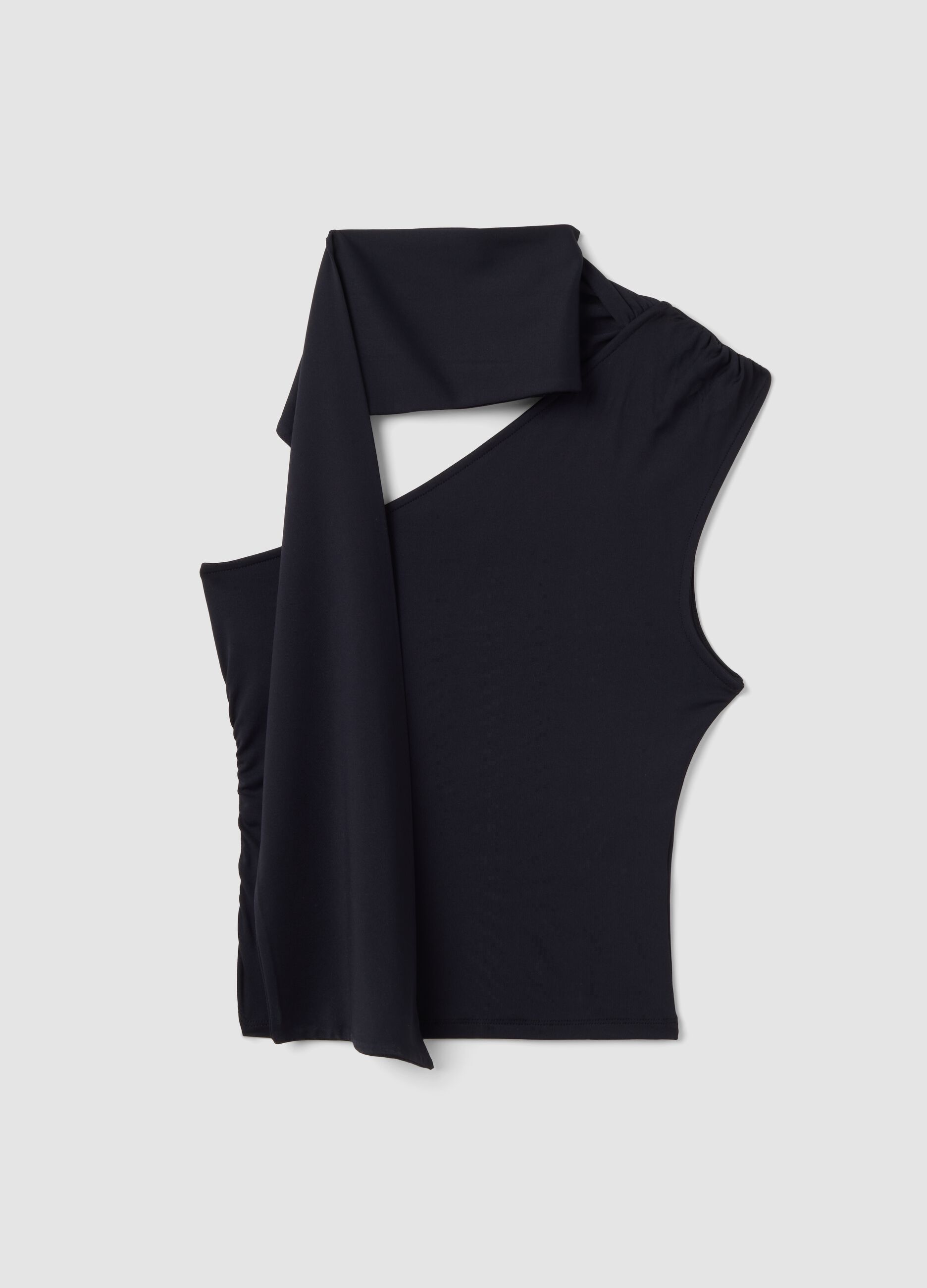 Top nero in tessuto elasticizzato con scollo asimmetrico e fascia drappeggiata