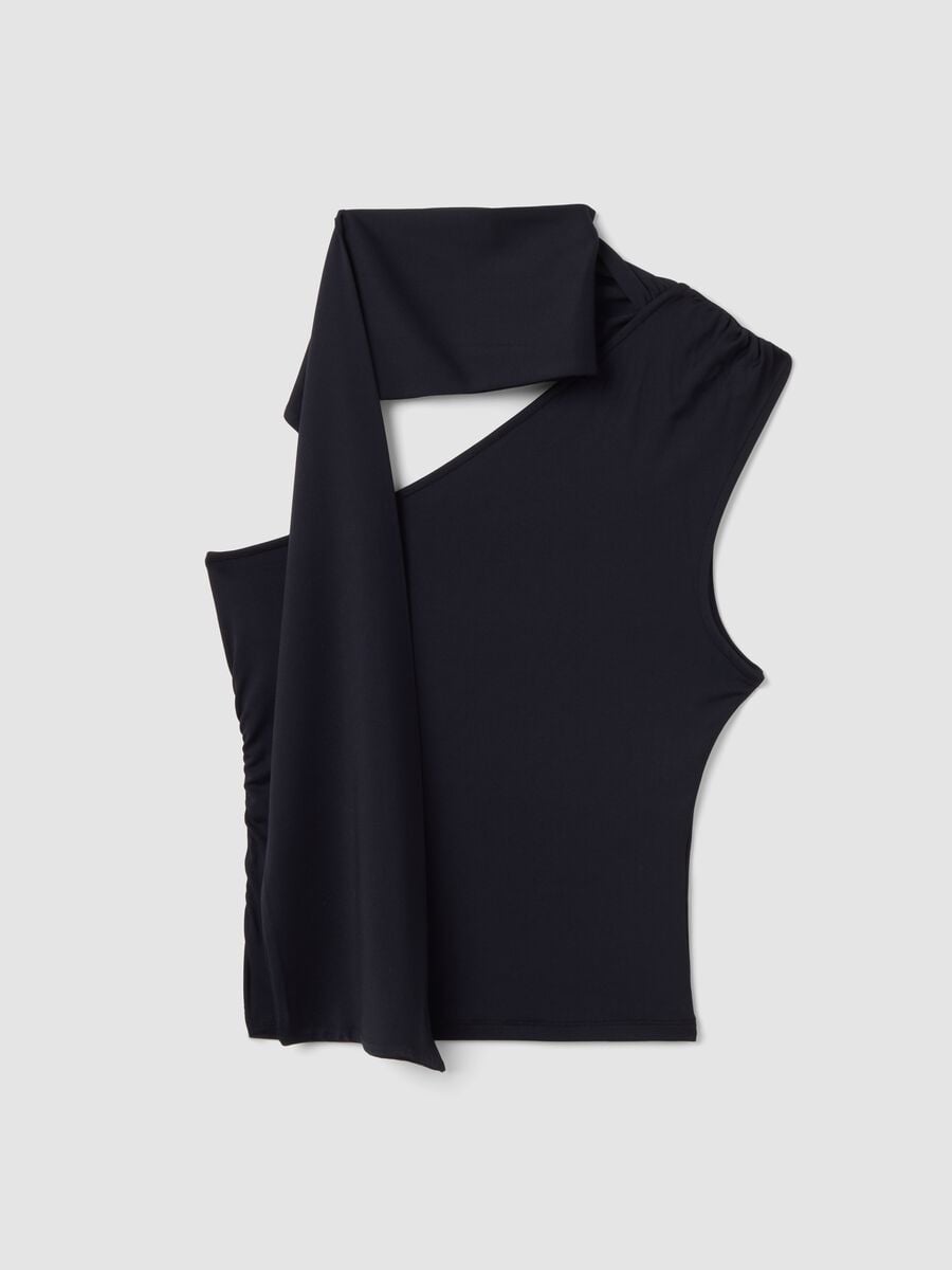 Top nero in tessuto elasticizzato con scollo asimmetrico e fascia drappeggiata_0